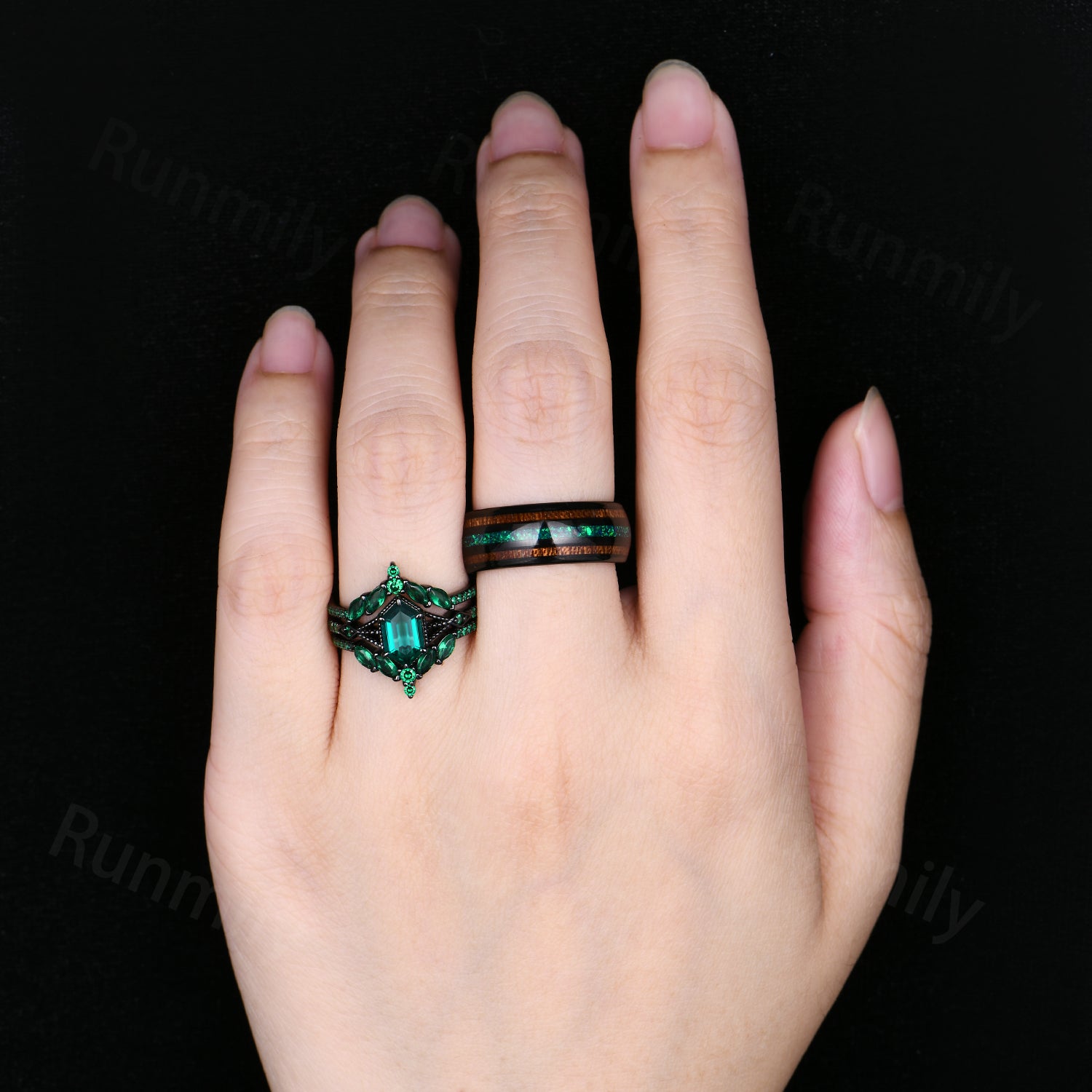 Hexagon Emerald & Whiskey Barrel Couples Ring Set- His and Hers Wedding Band- Silver Black Gold/ Tungsten Matching Promise Rings