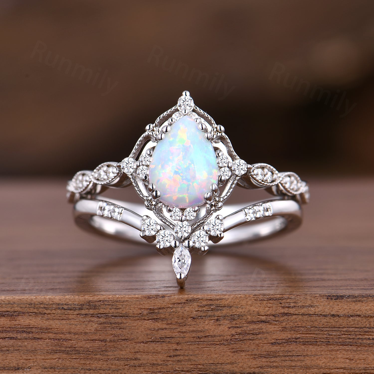 Vintage Opal Engagement Ring Set Unique Art Deco Moissanite Wedding Ring 14K White Gold Anniversary Ring Gift