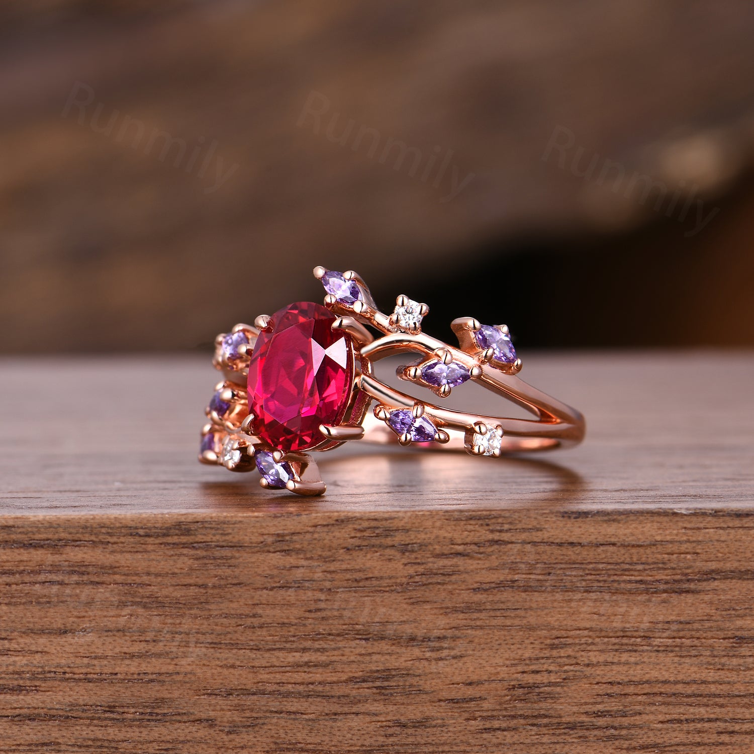 Vintage Oval Ruby Engagement Ring: Rose Gold Amethyst Moissanite Anniversary Ring, Branch Ring