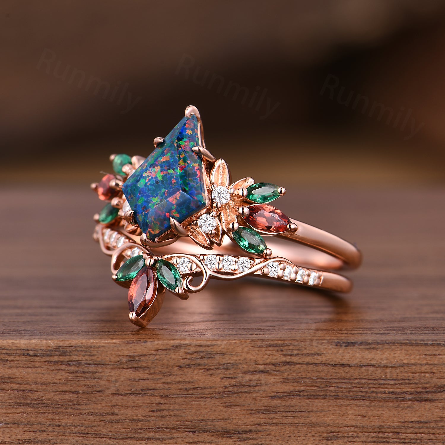 Kite cut Black Opal engagement ring set vintage rose gold marquise cut Emerald Garnet wedding band Cluster bridal promise ring
