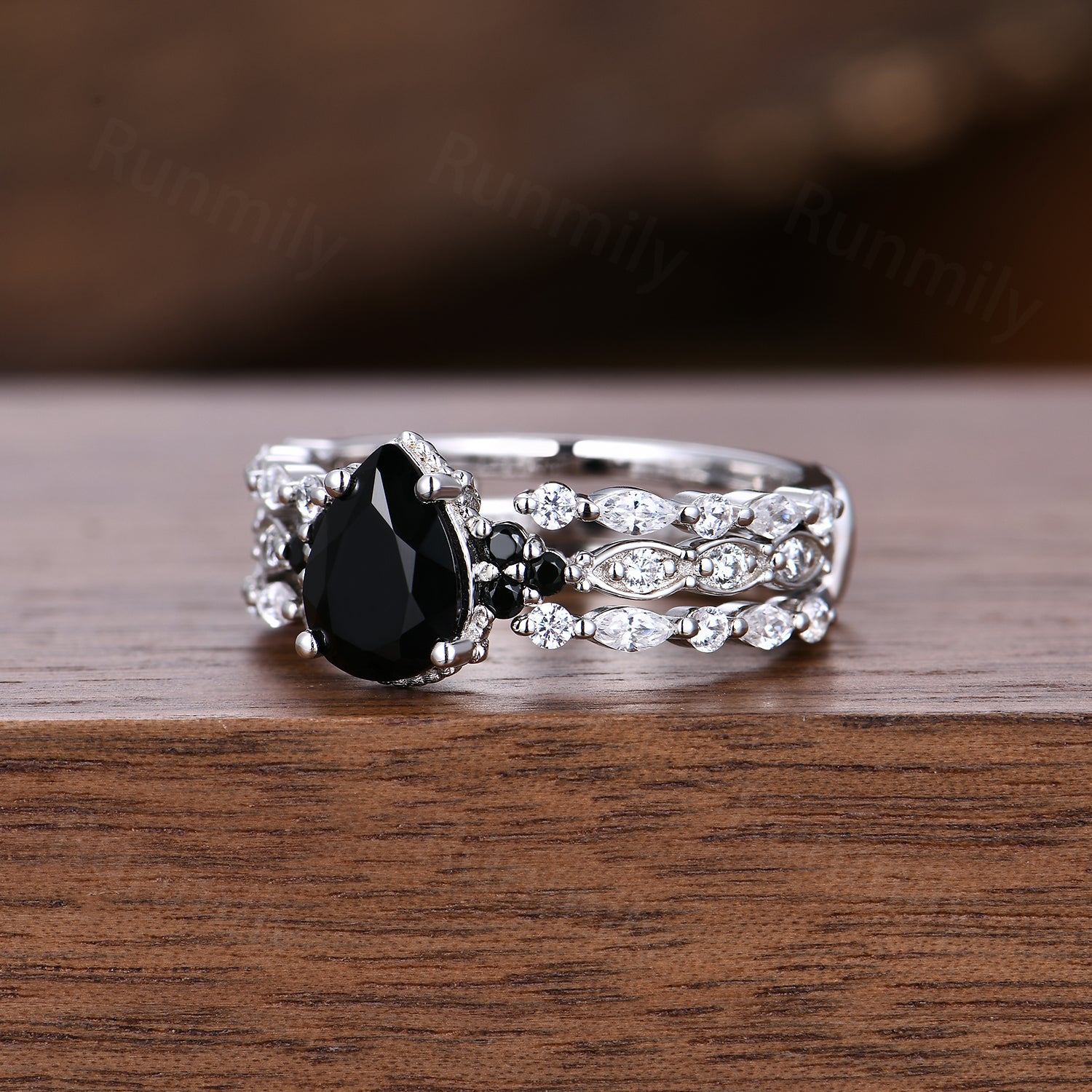 Vintage black onyx engagement ring white gold ring art deco open gap stacking band pear shaped bridal set unique moissanite wedding set