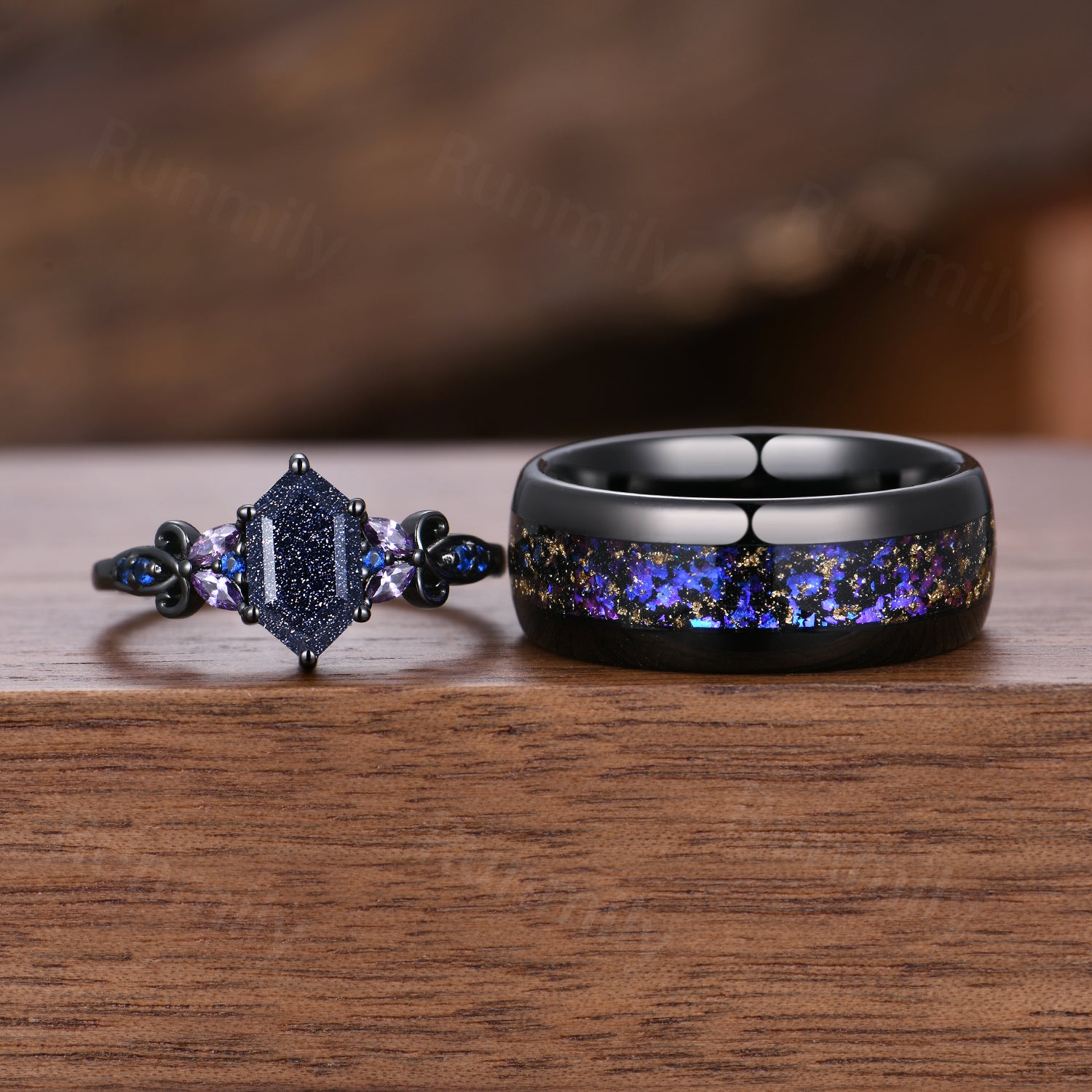 Blue Sandstone & Galaxy Orion Nebula Couples Ring- His and Hers Ring Set- Black Purple Matching Wedding Bands- Outer Space Couples Ring