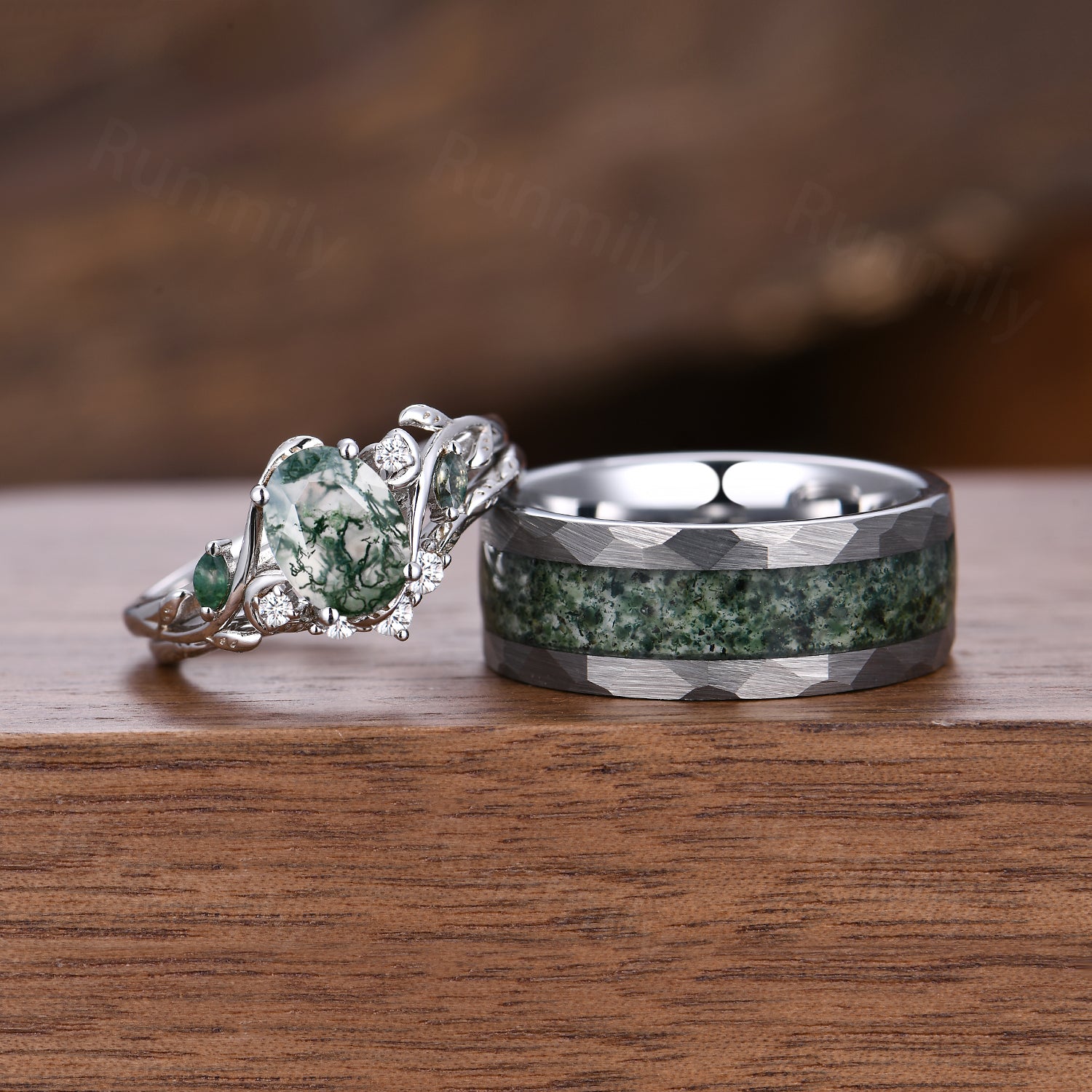 Oval Cut Moss Agate Couples Ring Set His and Hers Wedding Band- Silver & Tungsten Ring Set Matching Nature Inspired Couples Promise Rings