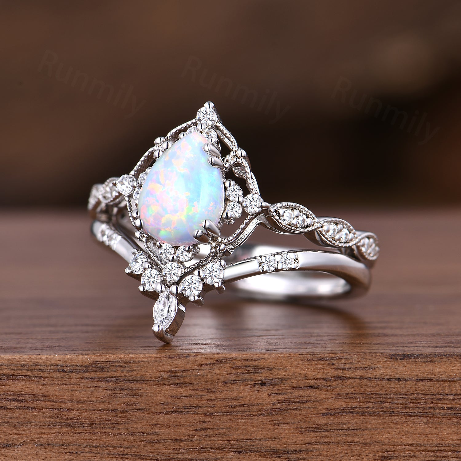 Vintage Opal Engagement Ring Set Unique Art Deco Moissanite Wedding Ring 14K White Gold Anniversary Ring Gift