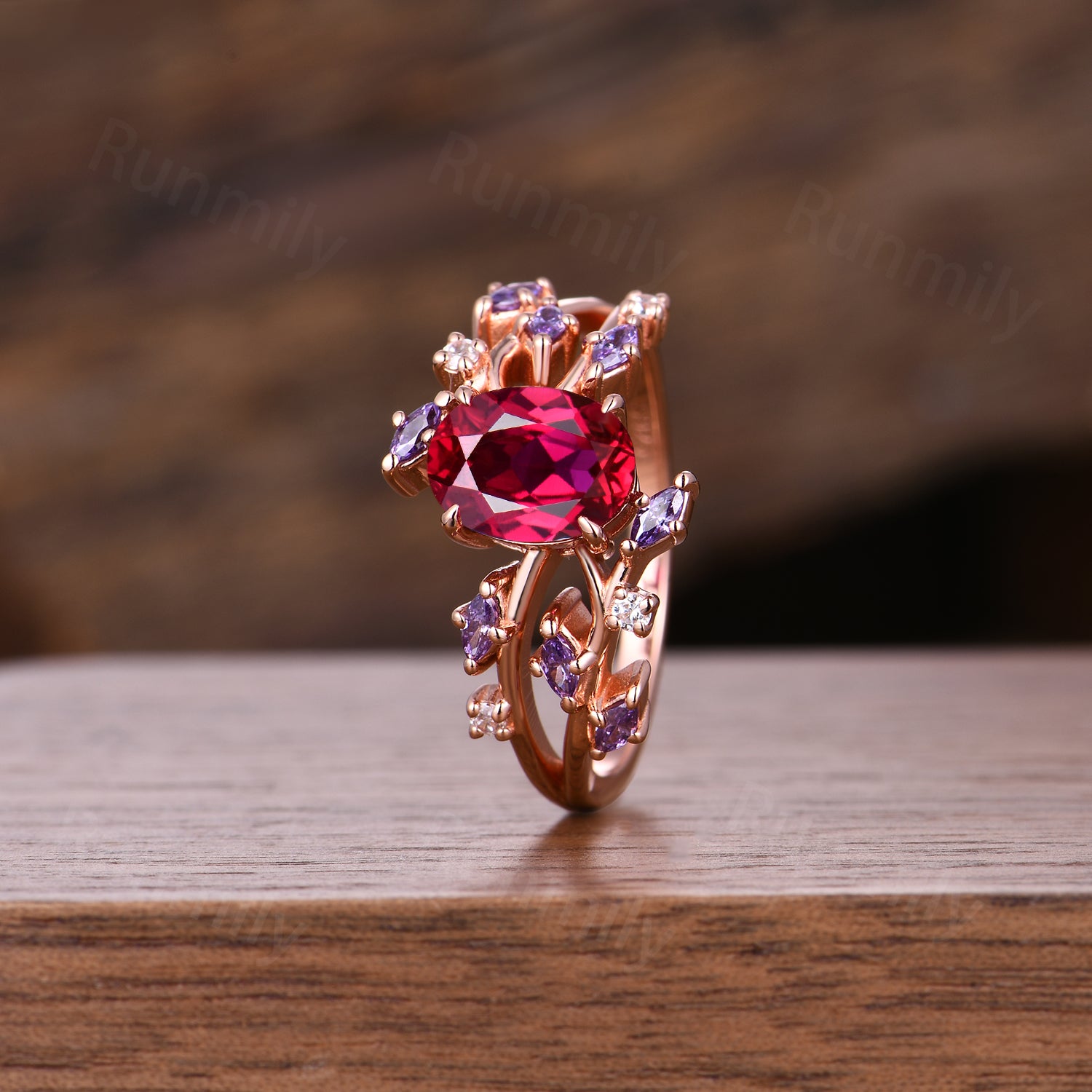 Vintage Oval Ruby Engagement Ring: Rose Gold Amethyst Moissanite Anniversary Ring, Branch Ring