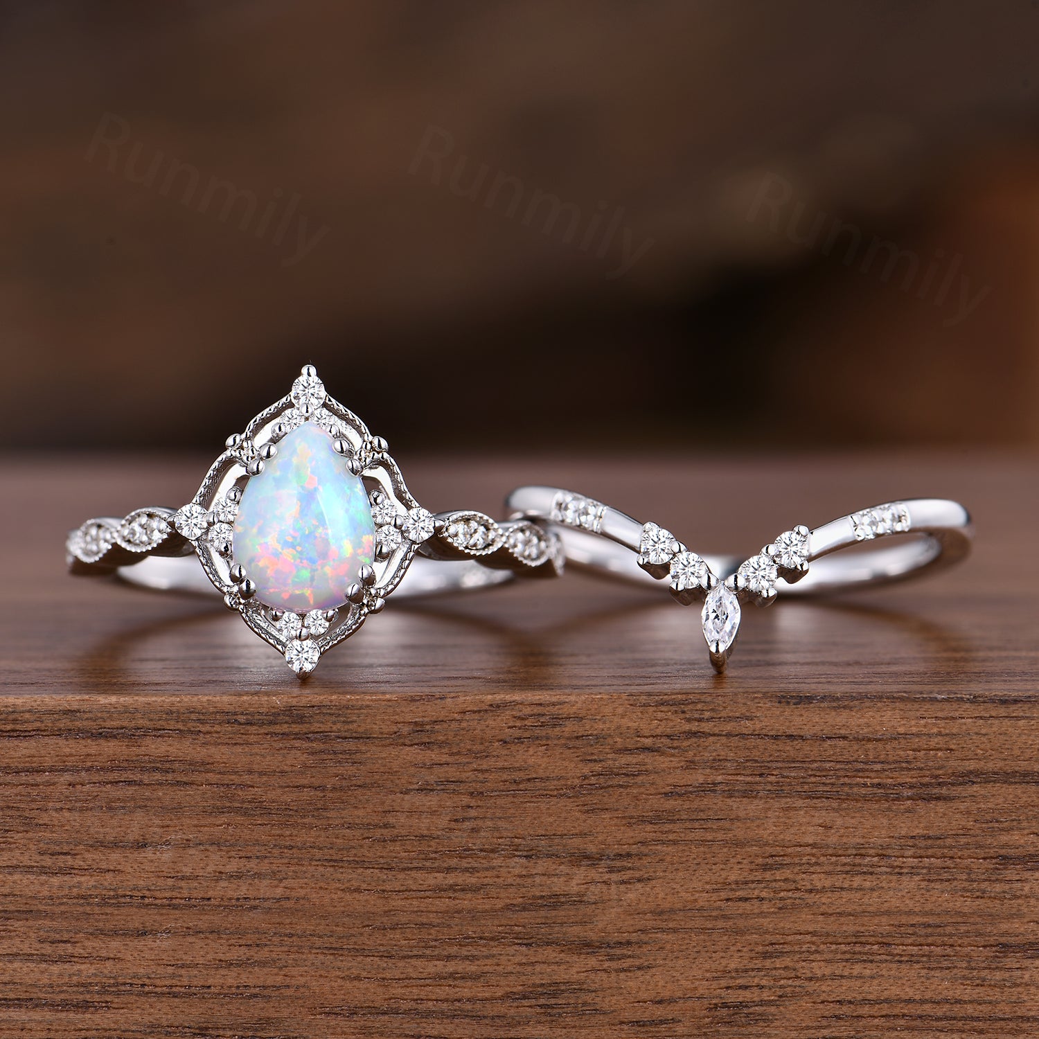 Vintage Opal Engagement Ring Set Unique Art Deco Moissanite Wedding Ring 14K White Gold Anniversary Ring Gift