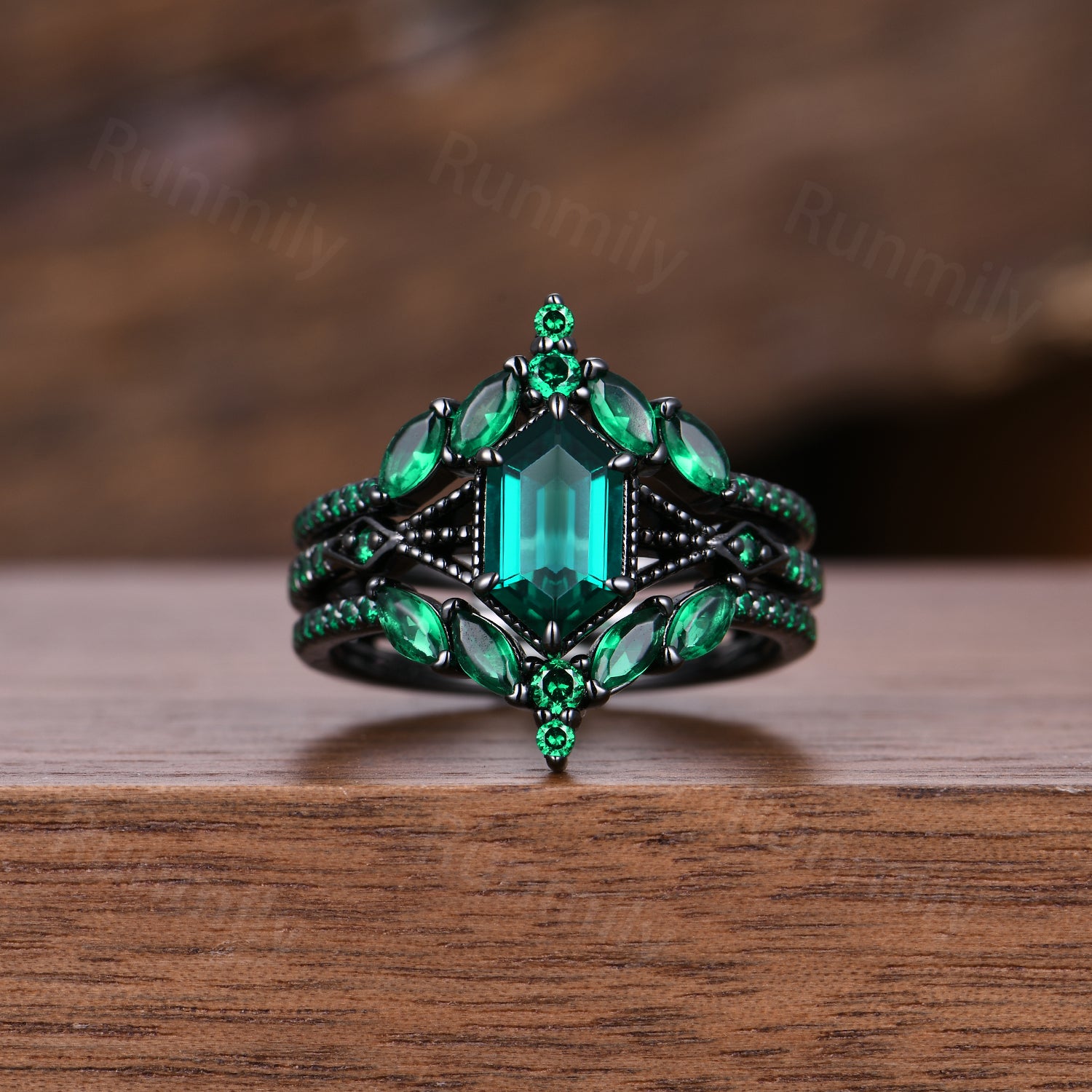 Hexagon Emerald & Whiskey Barrel Couples Ring Set- His and Hers Wedding Band- Silver Black Gold/ Tungsten Matching Promise Rings