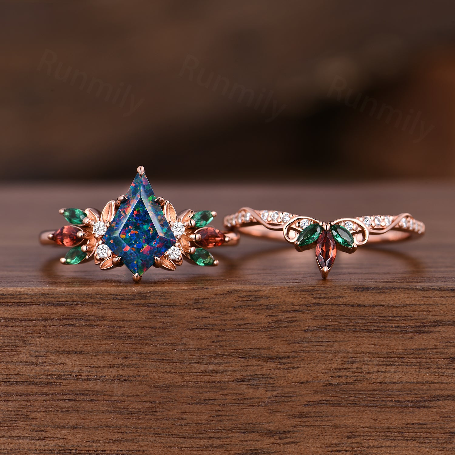 Kite cut Black Opal engagement ring set vintage rose gold marquise cut Emerald Garnet wedding band Cluster bridal promise ring