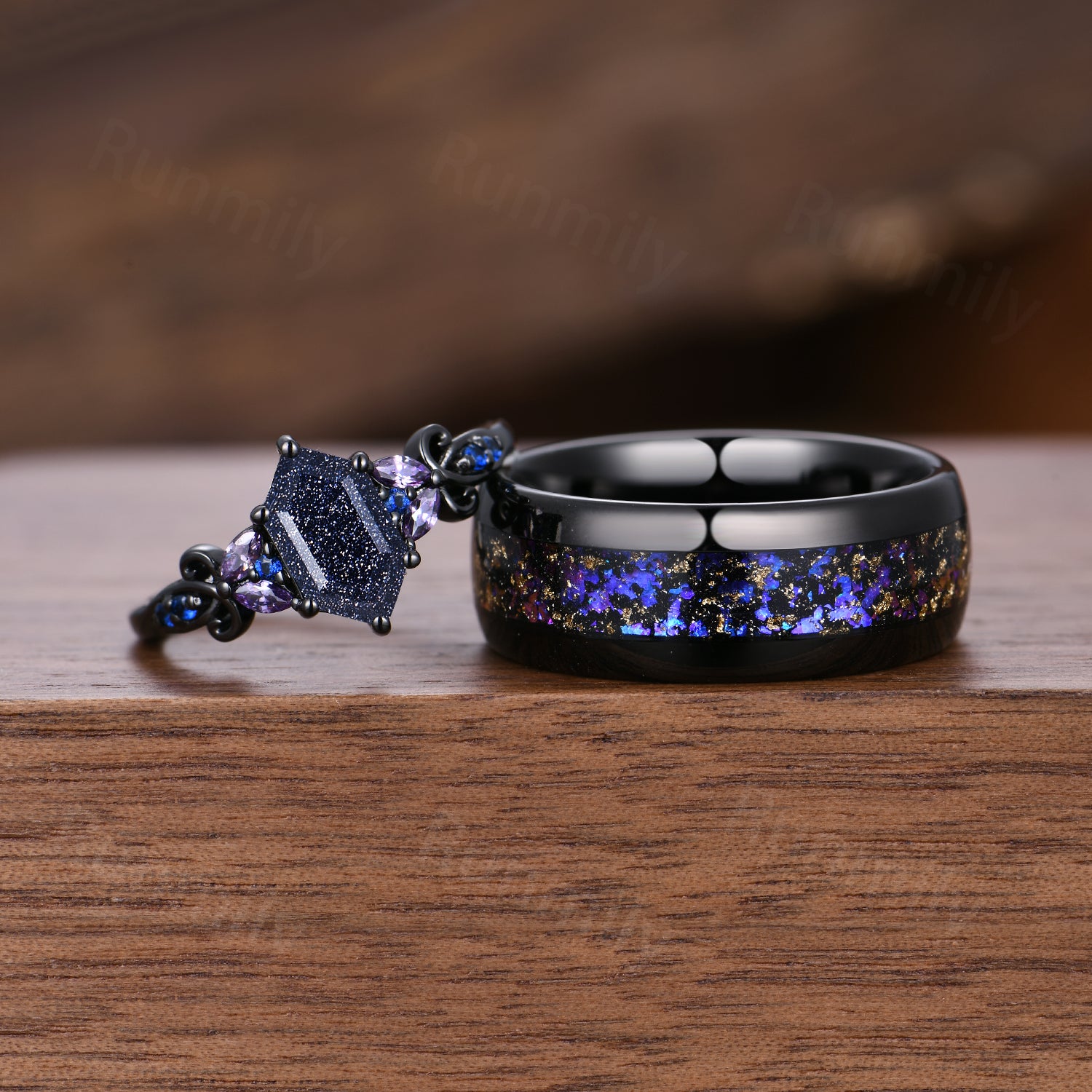 Blue Sandstone & Galaxy Orion Nebula Couples Ring- His and Hers Ring Set- Black Purple Matching Wedding Bands- Outer Space Couples Ring