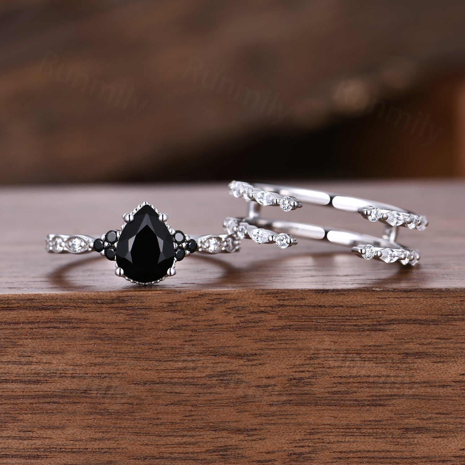 Vintage black onyx engagement ring white gold ring art deco open gap stacking band pear shaped bridal set unique moissanite wedding set