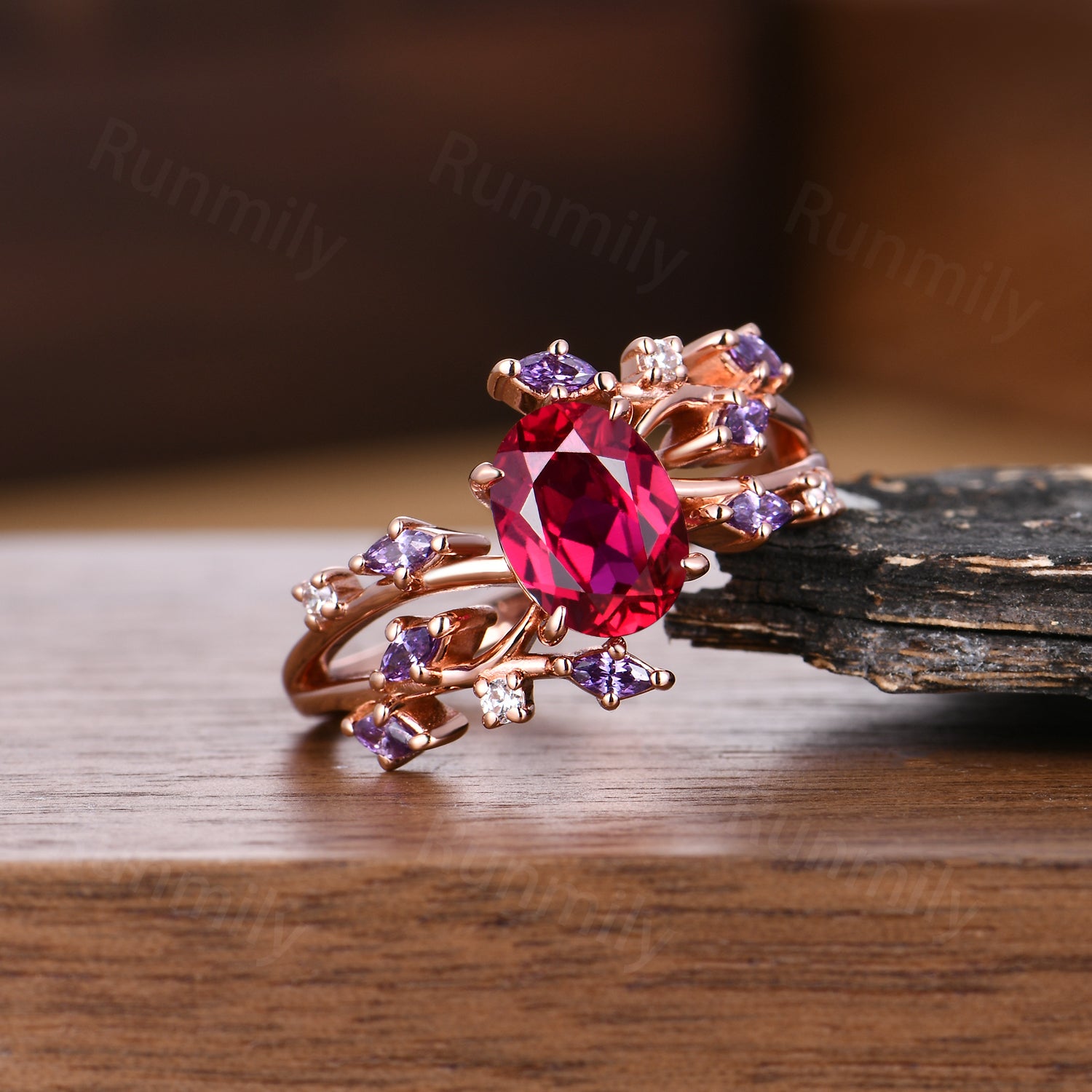 Vintage Oval Ruby Engagement Ring: Rose Gold Amethyst Moissanite Anniversary Ring, Branch Ring