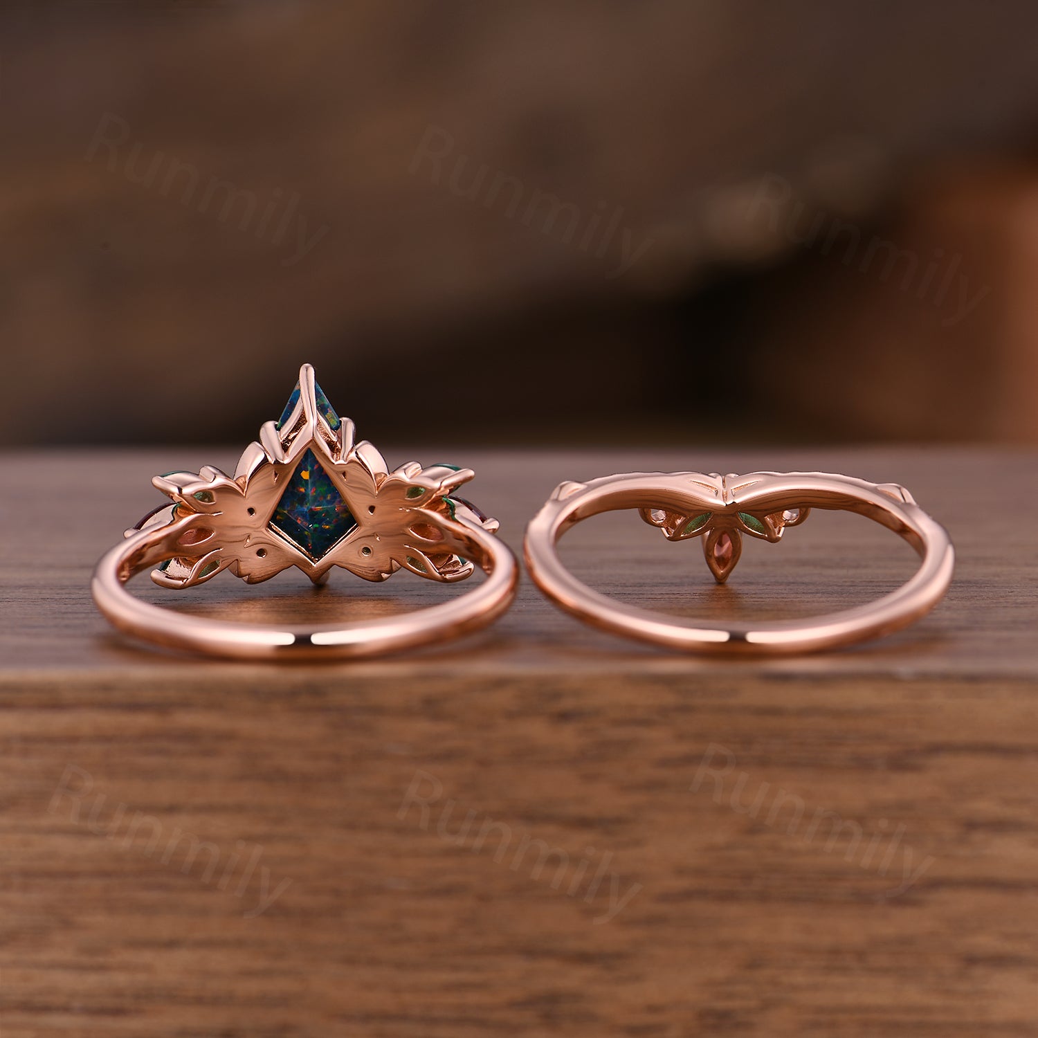 Kite cut Black Opal engagement ring set vintage rose gold marquise cut Emerald Garnet wedding band Cluster bridal promise ring