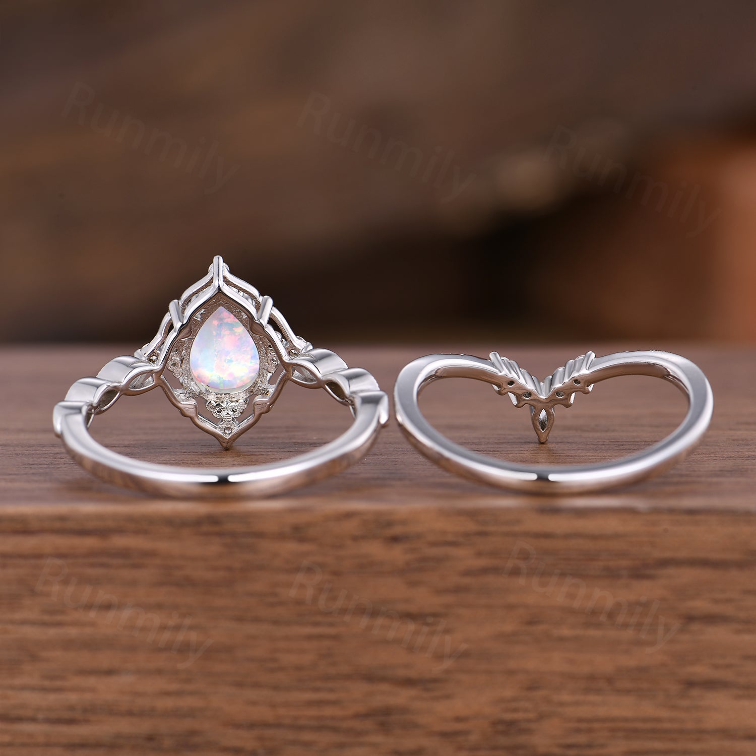 Vintage Opal Engagement Ring Set Unique Art Deco Moissanite Wedding Ring 14K White Gold Anniversary Ring Gift