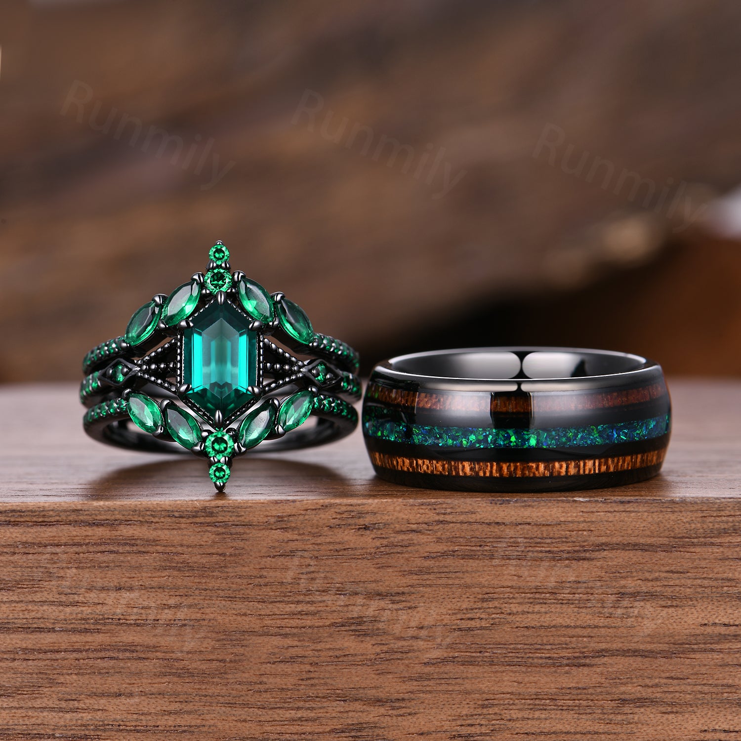 Hexagon Emerald & Whiskey Barrel Couples Ring Set- His and Hers Wedding Band- Silver Black Gold/ Tungsten Matching Promise Rings