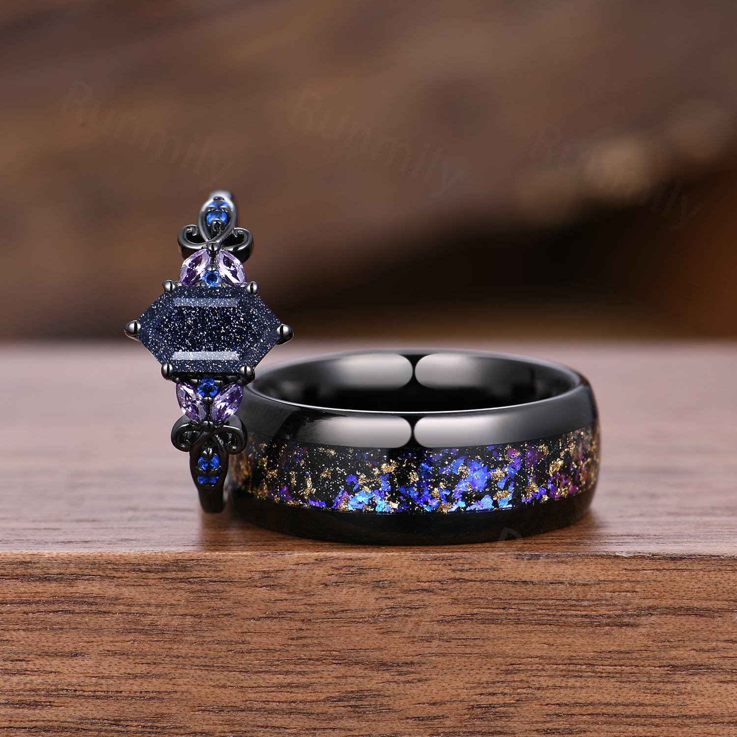 Blue Sandstone & Galaxy Orion Nebula Couples Ring- His and Hers Ring Set- Black Purple Matching Wedding Bands- Outer Space Couples Ring