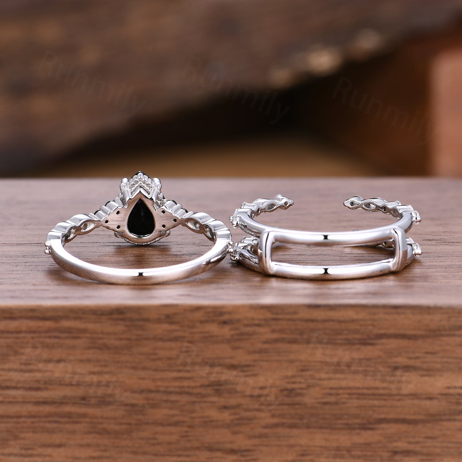 Vintage black onyx engagement ring white gold ring art deco open gap stacking band pear shaped bridal set unique moissanite wedding set