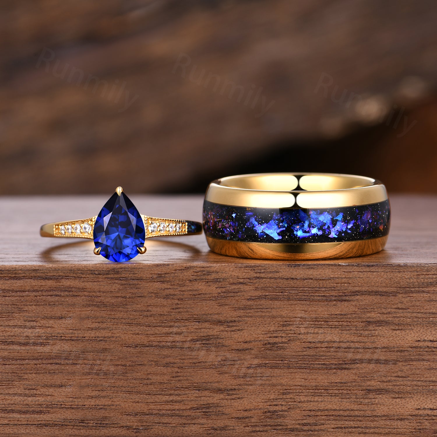 Galaxy Orion Nebula & Sapphire Couples Ring Set, His and Hers Matching Wedding Bands, Unique Yellow Gold Matching Promise Rings