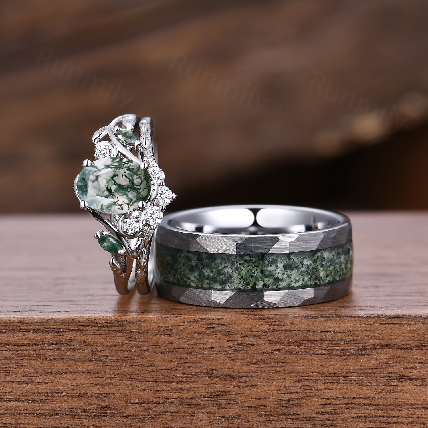 Oval Cut Moss Agate Couples Ring Set His and Hers Wedding Band- Silver & Tungsten Ring Set Matching Nature Inspired Couples Promise Rings