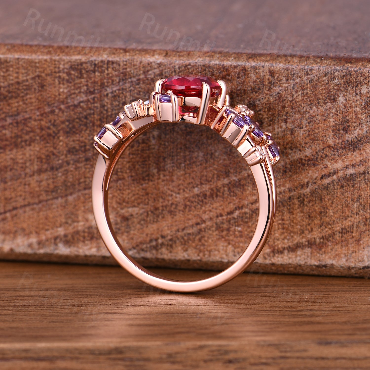 Vintage Oval Ruby Engagement Ring: Rose Gold Amethyst Moissanite Anniversary Ring, Branch Ring