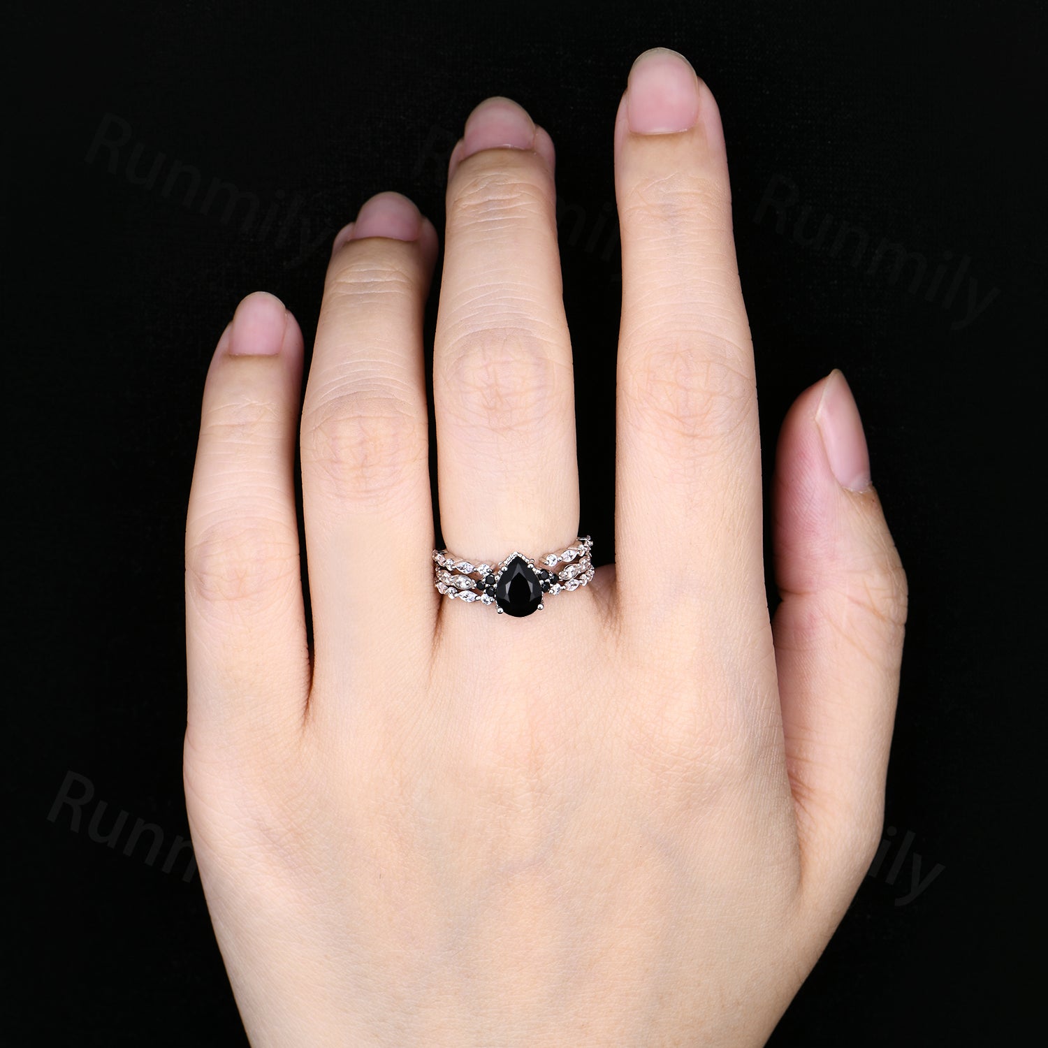 Vintage black onyx engagement ring white gold ring art deco open gap stacking band pear shaped bridal set unique moissanite wedding set