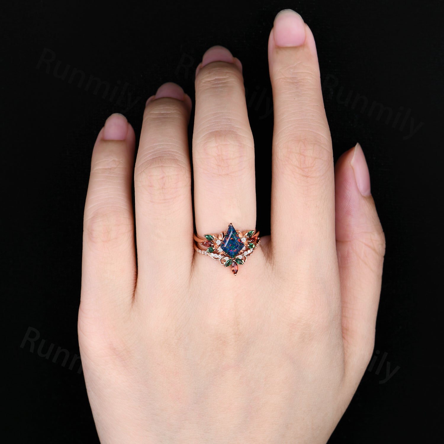 Kite cut Black Opal engagement ring set vintage rose gold marquise cut Emerald Garnet wedding band Cluster bridal promise ring