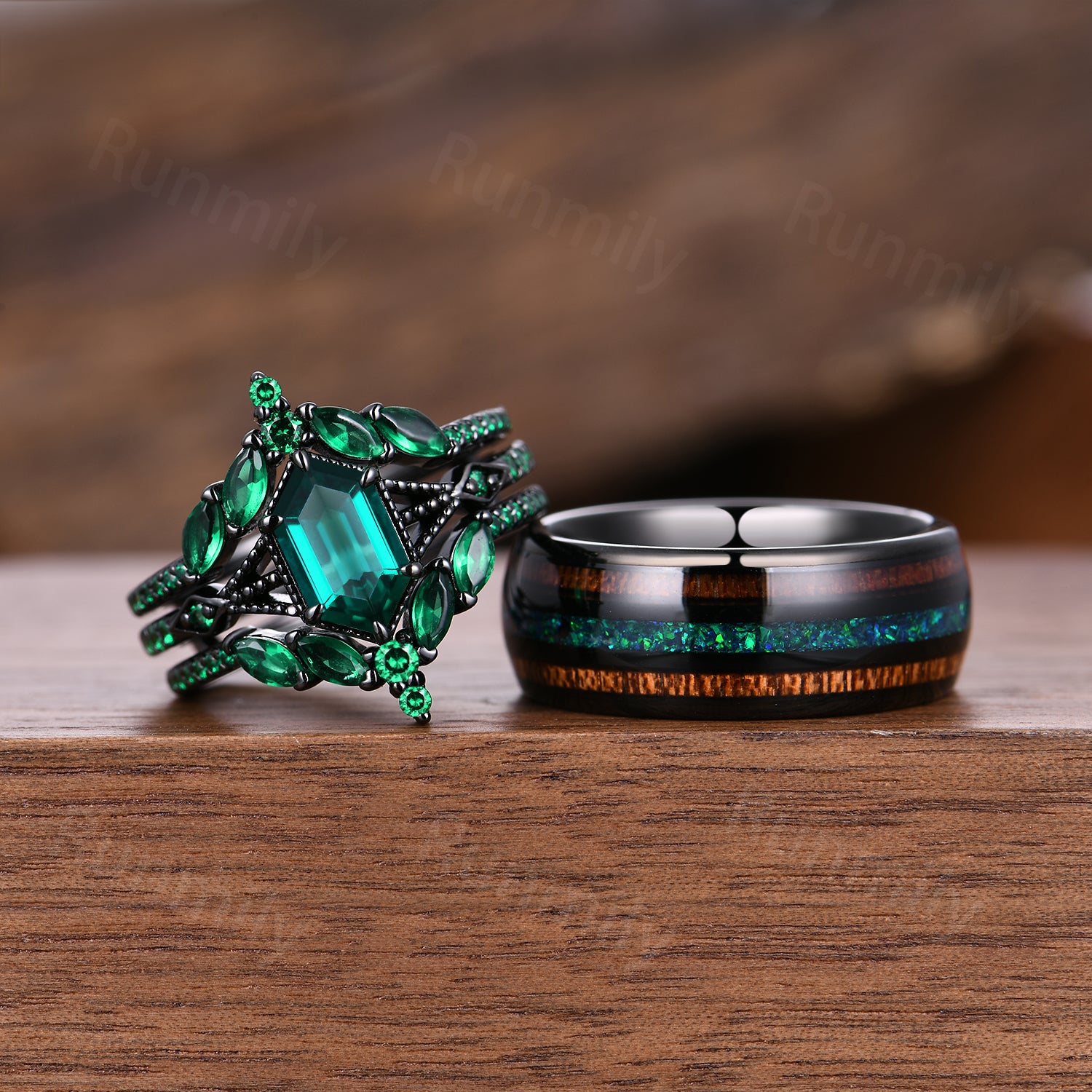 Hexagon Emerald & Whiskey Barrel Couples Ring Set- His and Hers Wedding Band- Silver Black Gold/ Tungsten Matching Promise Rings
