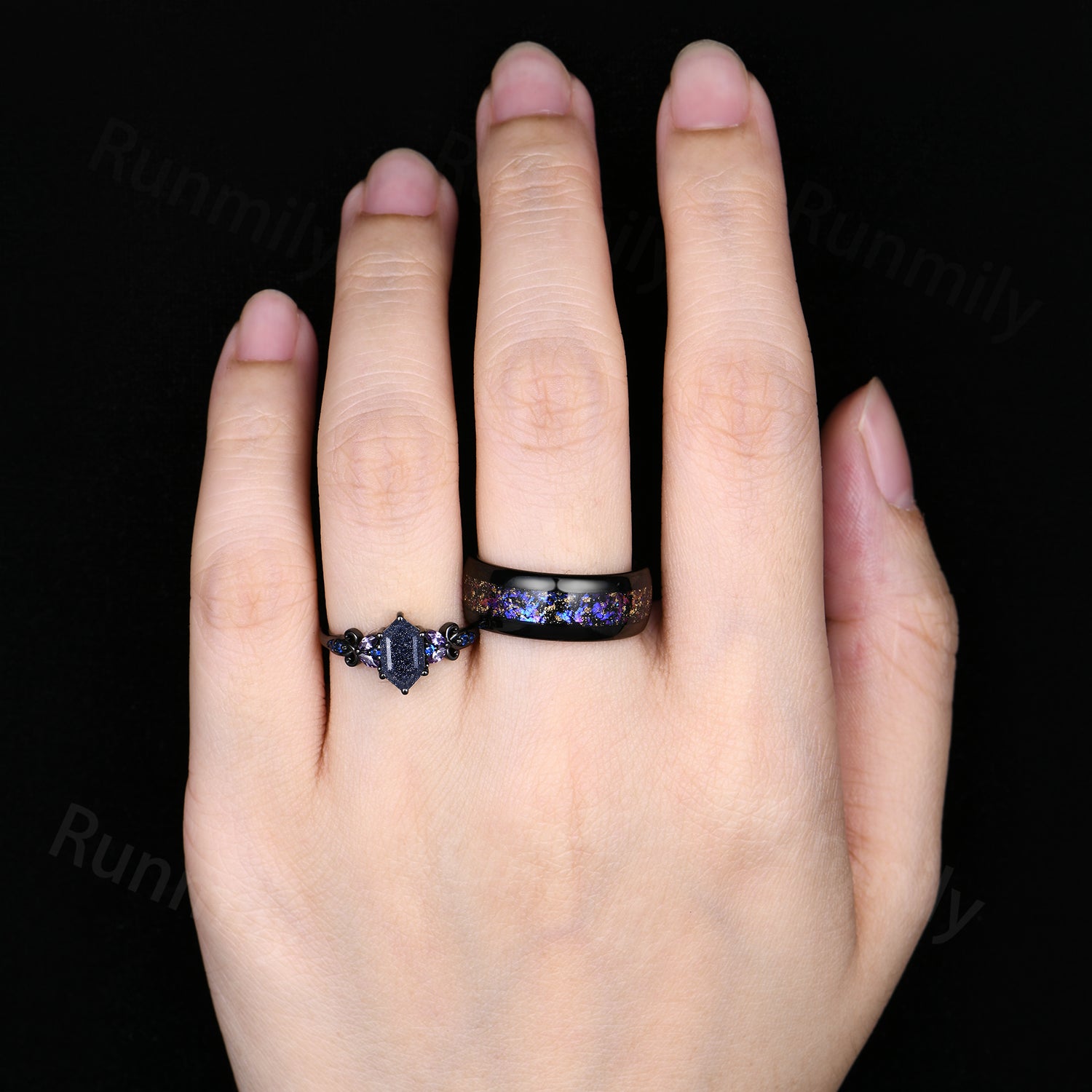 Blue Sandstone & Galaxy Orion Nebula Couples Ring- His and Hers Ring Set- Black Purple Matching Wedding Bands- Outer Space Couples Ring