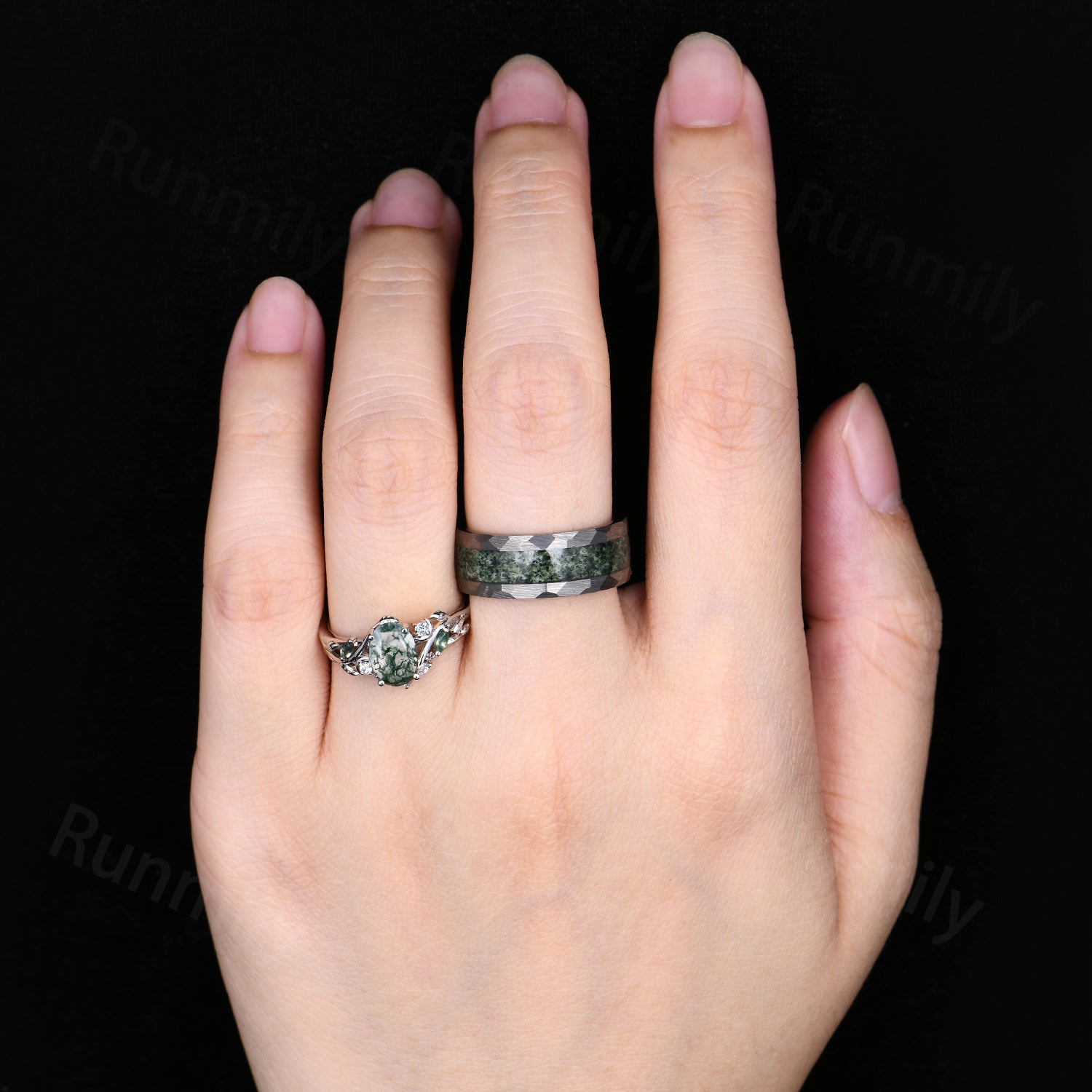 Oval Cut Moss Agate Couples Ring Set His and Hers Wedding Band- Silver & Tungsten Ring Set Matching Nature Inspired Couples Promise Rings