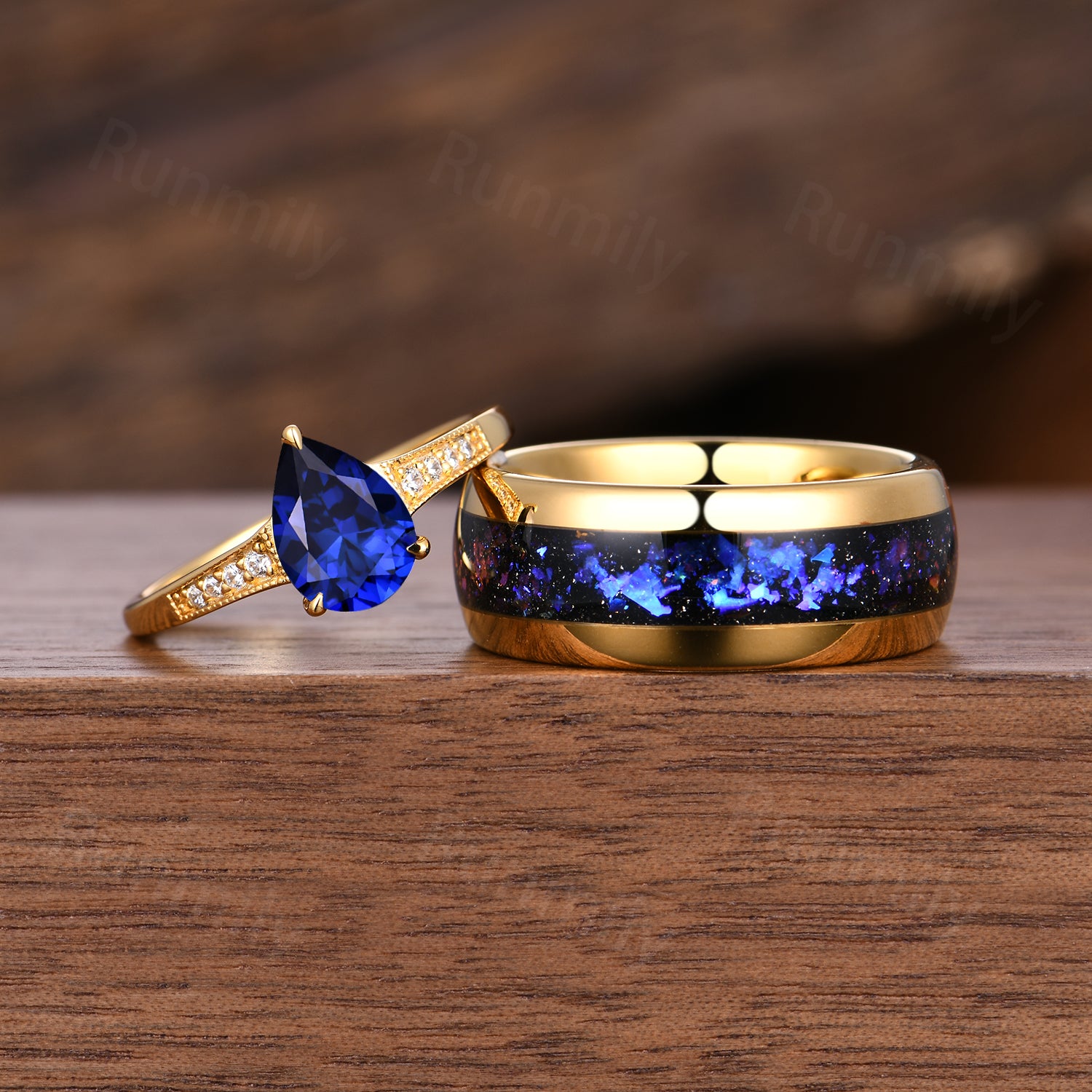 Galaxy Orion Nebula & Sapphire Couples Ring Set, His and Hers Matching Wedding Bands, Unique Yellow Gold Matching Promise Rings