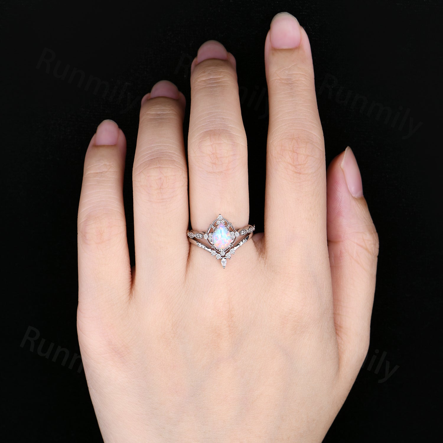 Vintage Opal Engagement Ring Set Unique Art Deco Moissanite Wedding Ring 14K White Gold Anniversary Ring Gift