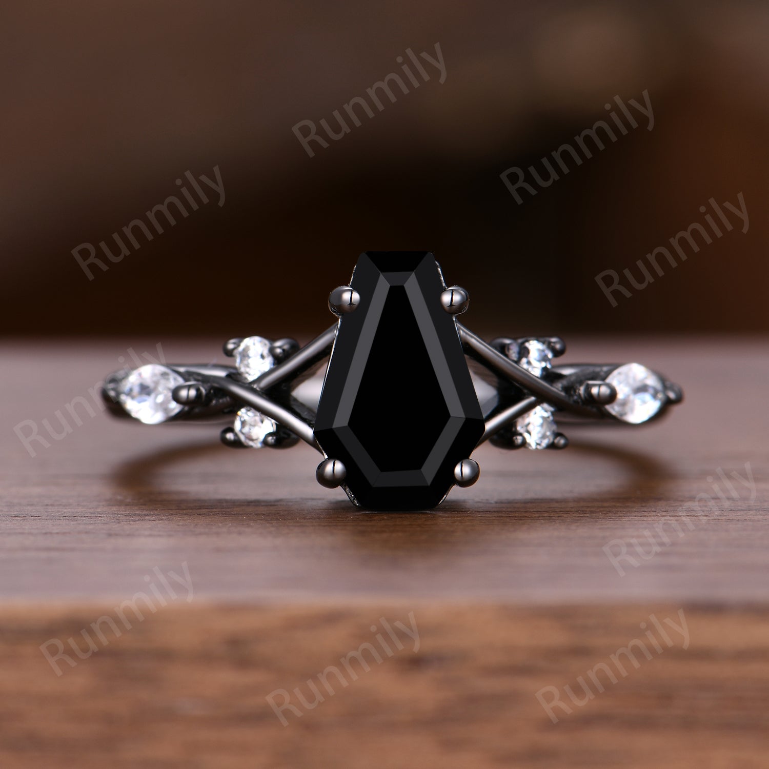 Coffin cut black onyx ring gothic black gold engagement ring unique twisted band ring bridal promise ring Natural black gemstone ring