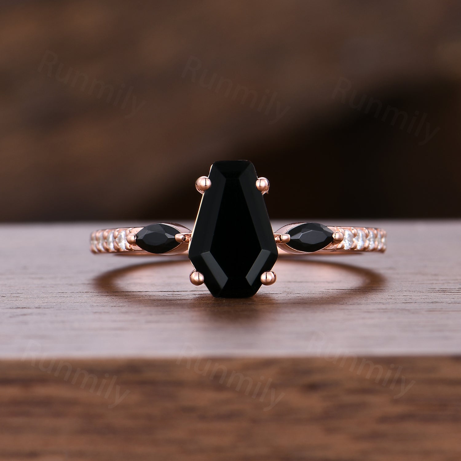 Gothic Coffin Shaped Black Onyx Wedding Ring Set Unique Moissanite Curved Band Black Gem Engagement Promise Ring