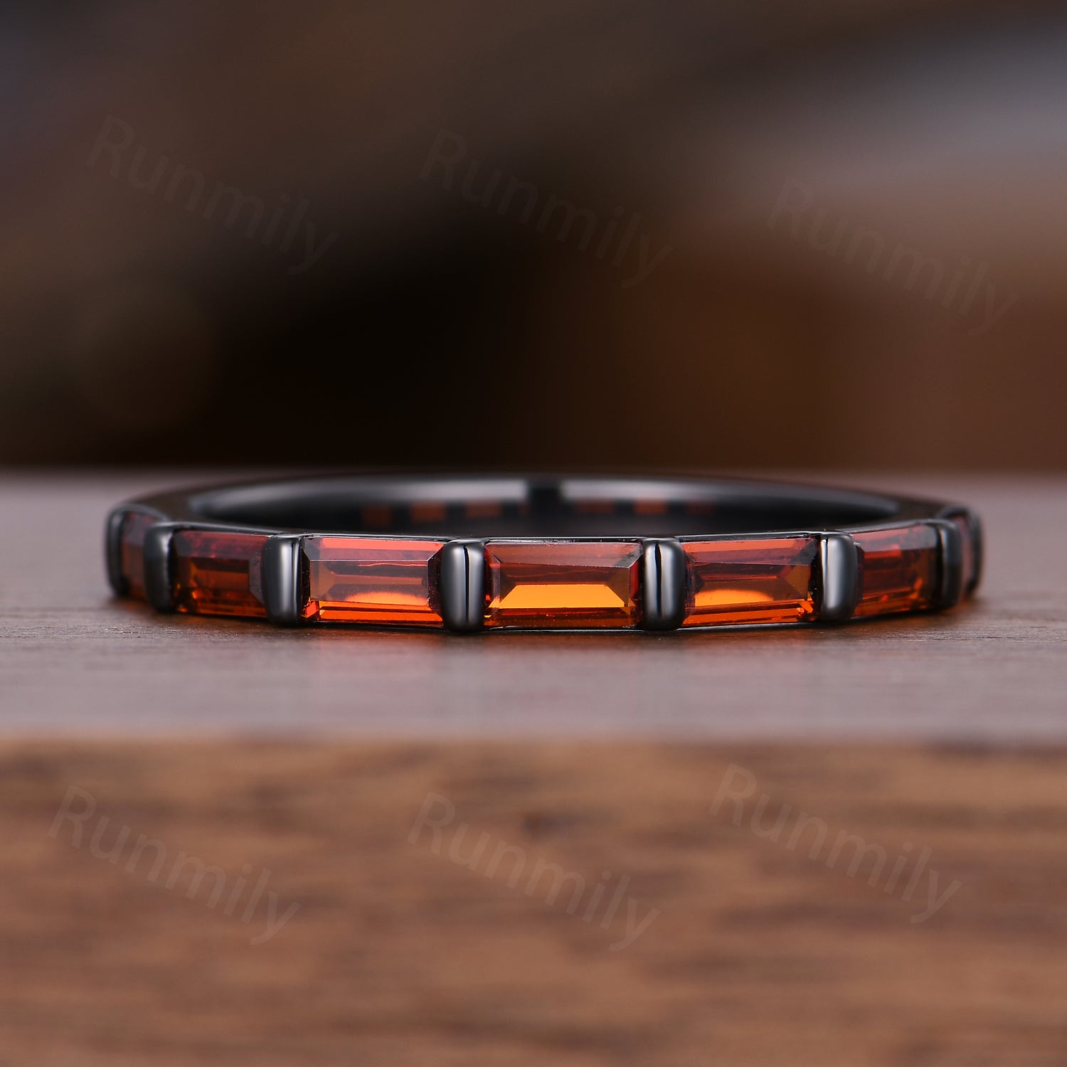 Gothic Garnet Wedding Band Baguette Cut Half Eternity Wedding Ring Black Gold Stacking Matching Band January Birthstone Anniversary Gift