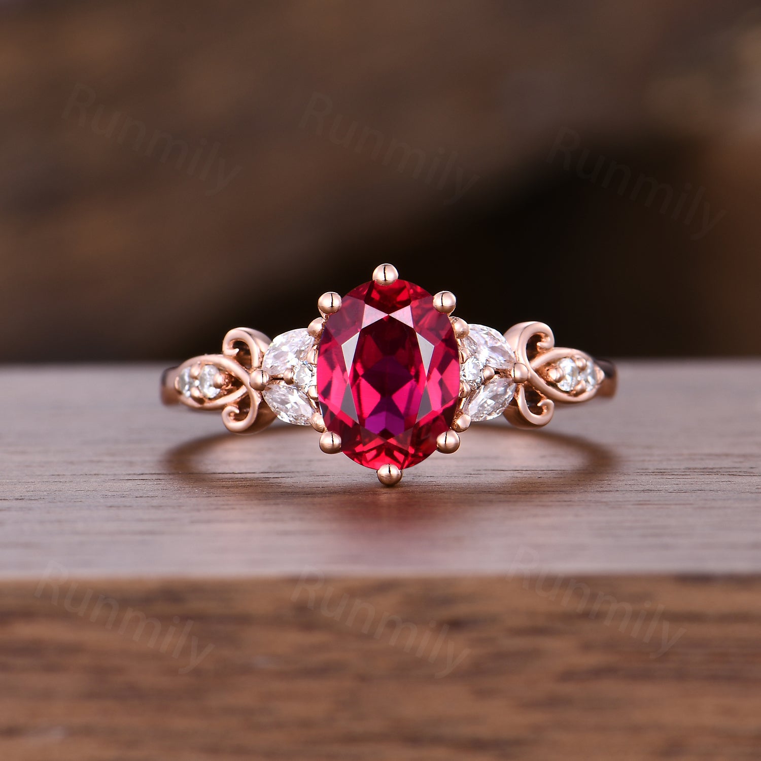 Oval cut Ruby engagement ring vintage unique moissanite cluster ring Rose gold promise anniversary ring for Her