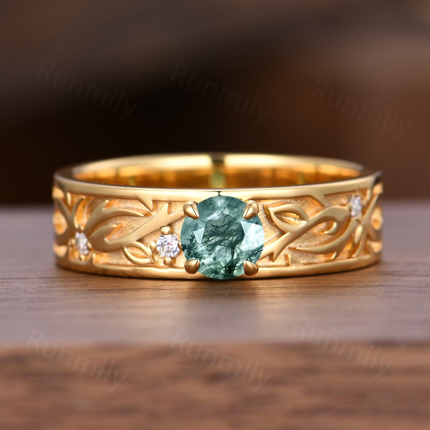 Round Cut Green Moss Agate Engagement Ring Green Gemstone Ring For Men Solid 14K Gold Ring Nature Inspired Ring Mens Gold Ring