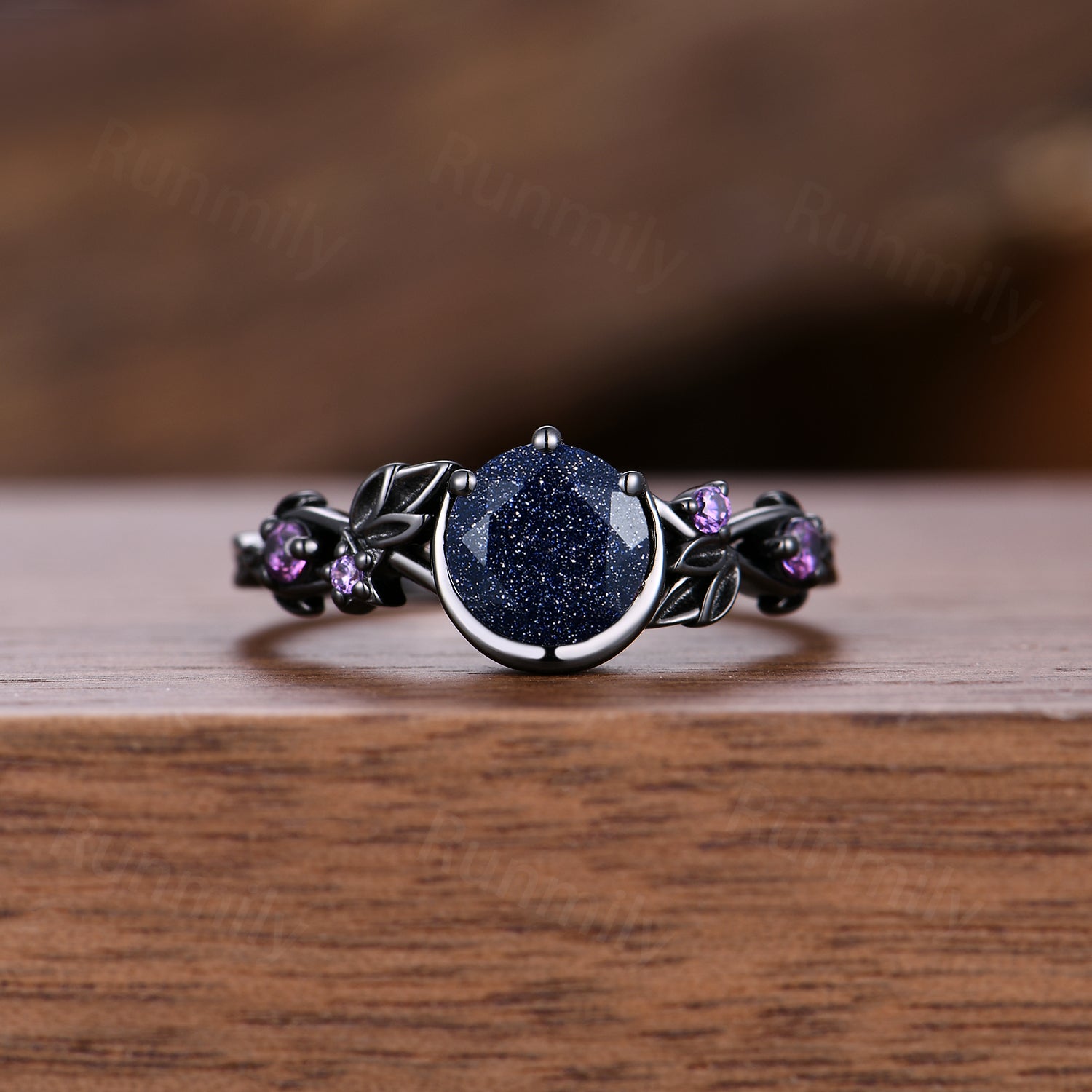 1CT Nature Inspired Round Galaxy Blue Sandstone Amethyst Bridal Set Unique Branch Leaf Starry Night Black Gold Wedding Ring Set
