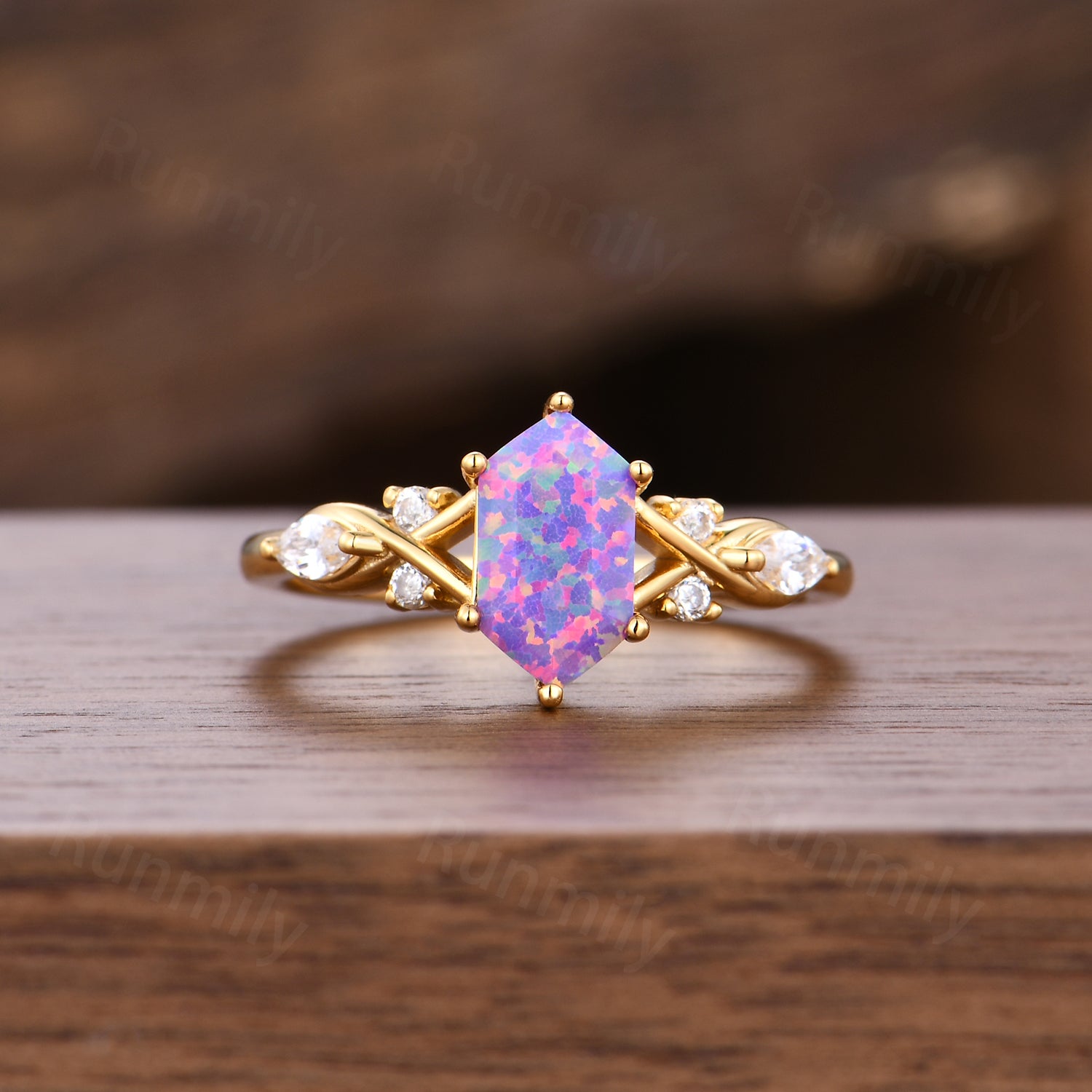 Vintage Lavender Opal Engagement Ring Set Solid Yellow Gold Moissanite Bridal Ring Purple Opal Ring For Women Anniversary Gifts
