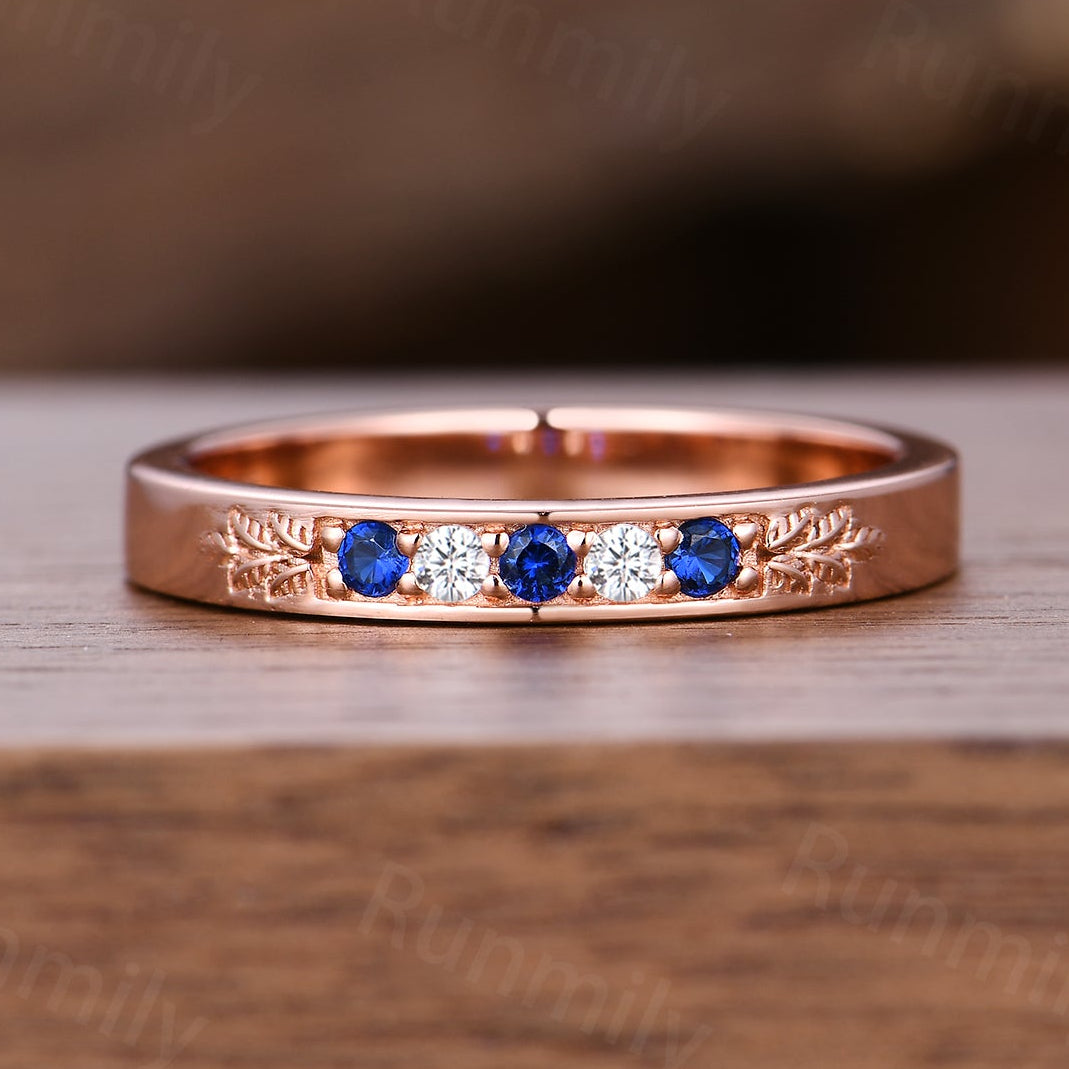 Vintage Blue Sapphire Rose Gold Leaf Moissanite Band: Sterling Silver Wedding Ring