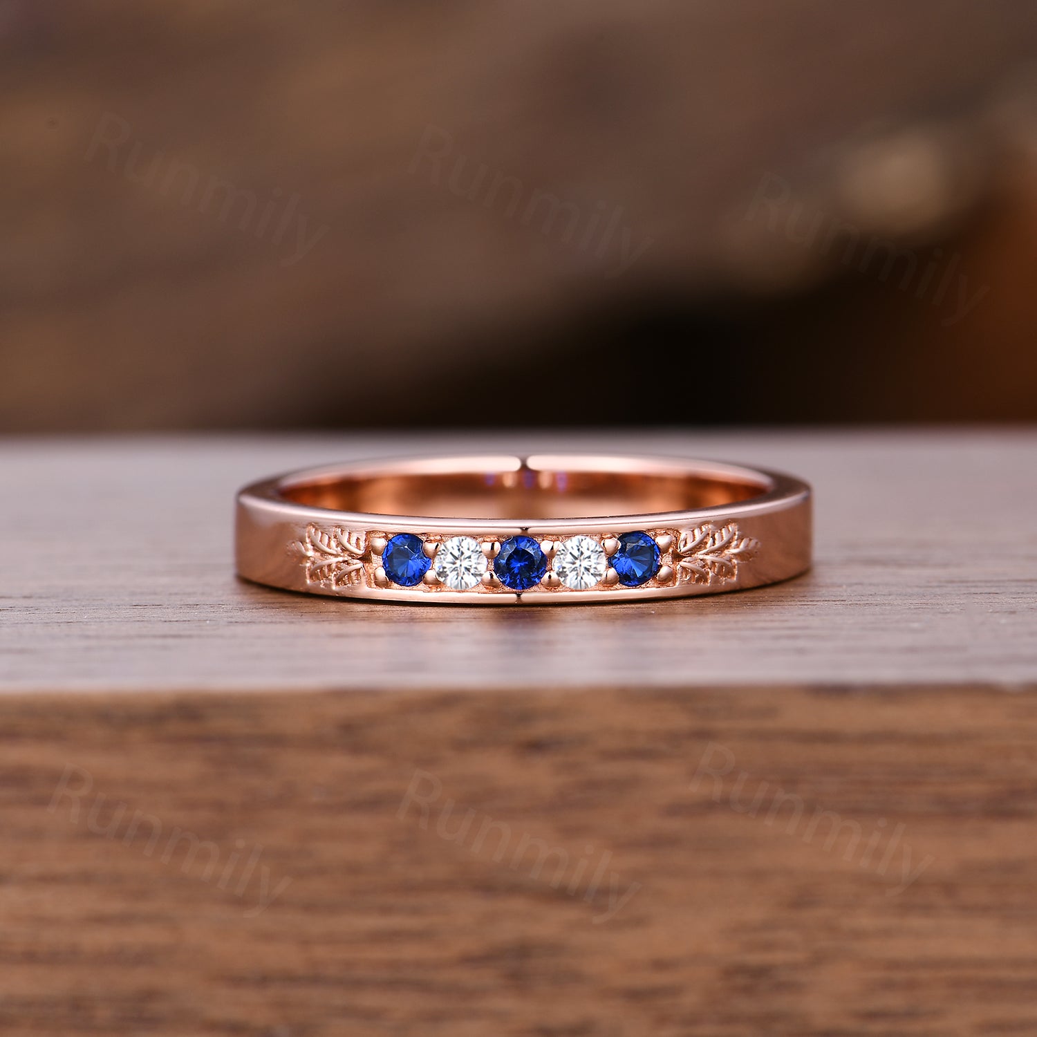 Vintage Blue Sapphire Rose Gold Leaf Moissanite Band: Sterling Silver Wedding Ring