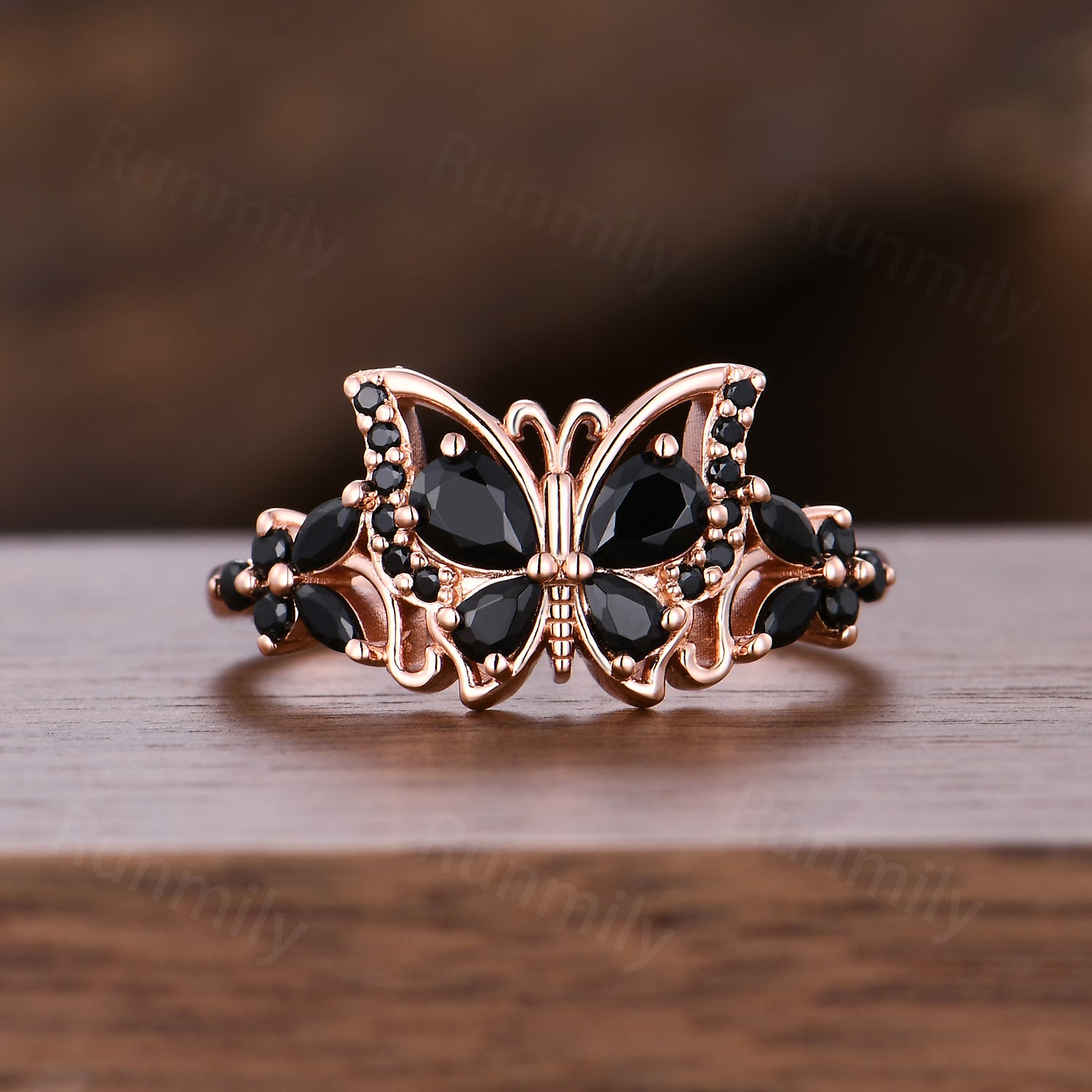 Butterfly Black Onyx Engagement Ring Pear Shaped Cluster Women Wedding Ring Anniversary Gift