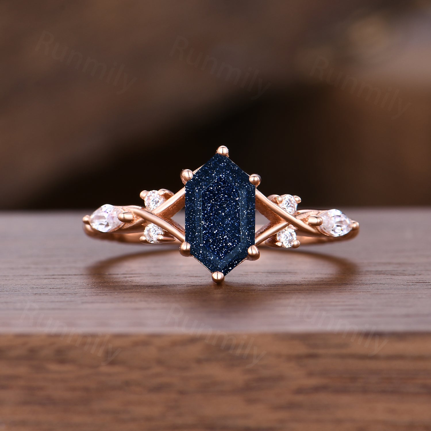 Vintage Blue Sandstone Engagement Ring Set Women Rose Gold Hexagon Wedding Ring Double Curved Moissanite Enhancer Stacking Bridal Ring