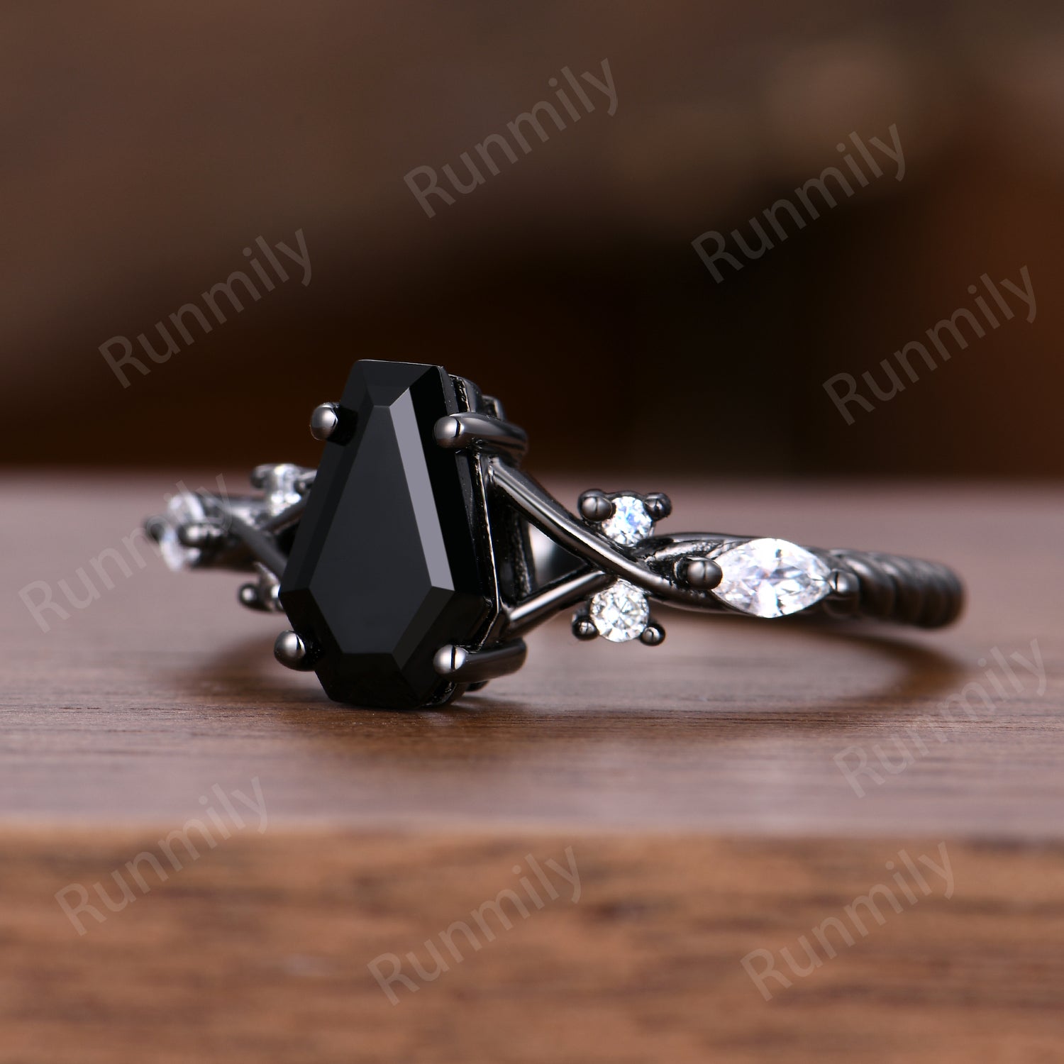 Coffin cut black onyx ring gothic black gold engagement ring unique twisted band ring bridal promise ring Natural black gemstone ring