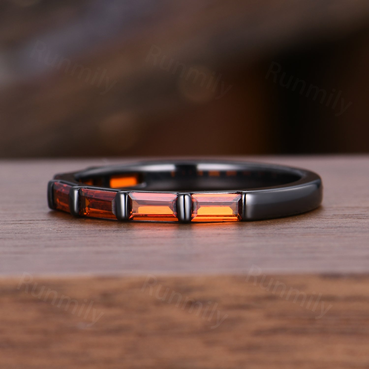 Gothic Garnet Wedding Band Baguette Cut Half Eternity Wedding Ring Black Gold Stacking Matching Band January Birthstone Anniversary Gift