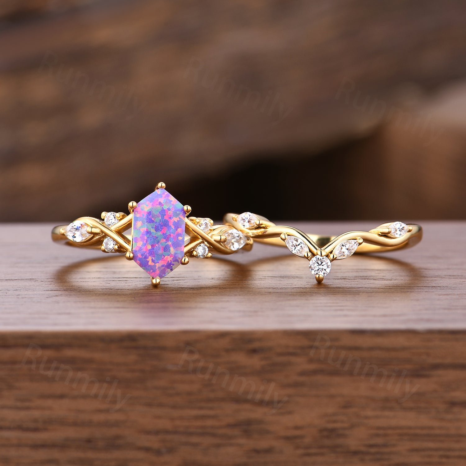 Vintage Lavender Opal Engagement Ring Set Solid Yellow Gold Moissanite Bridal Ring Purple Opal Ring For Women Anniversary Gifts
