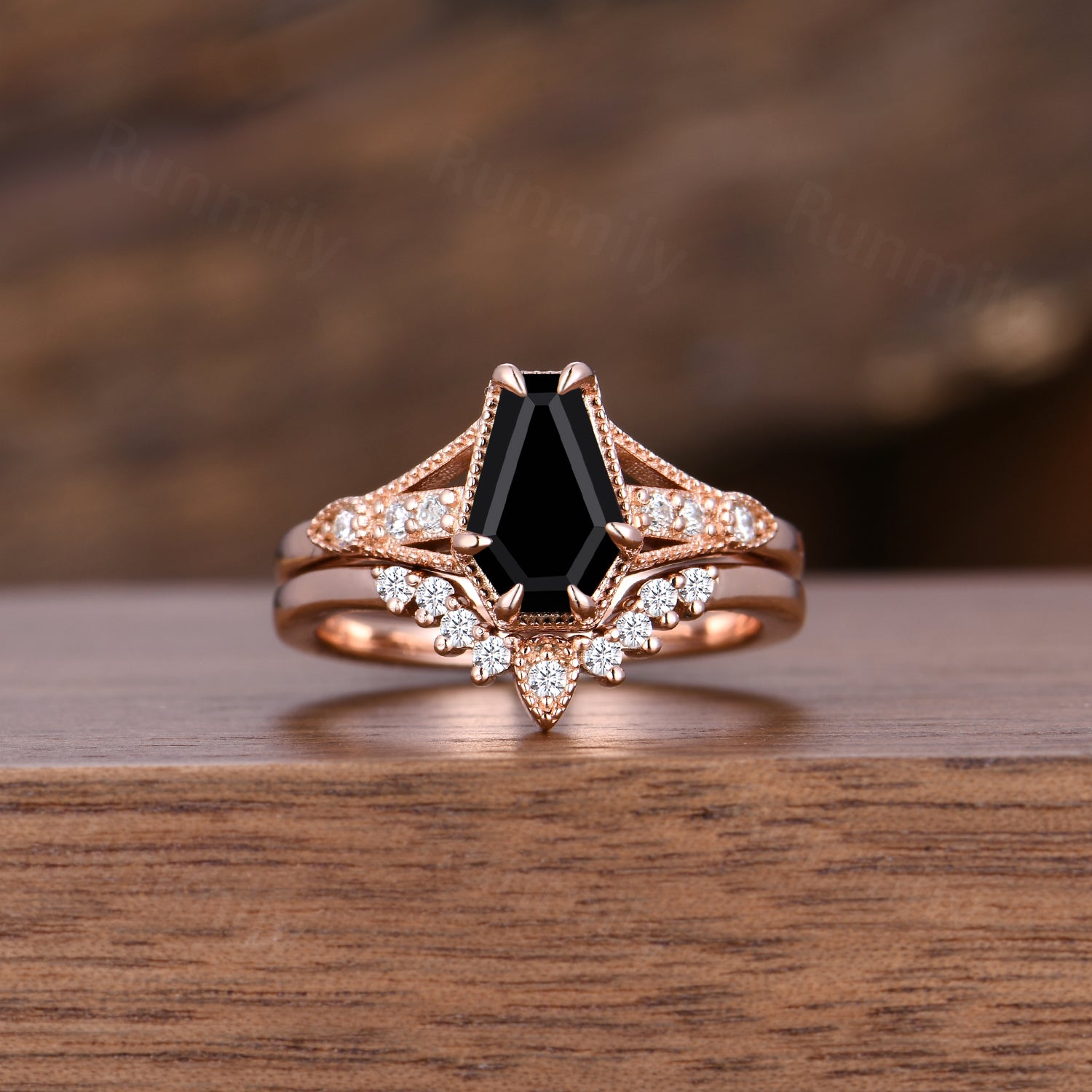 Unique Coffin Black Onyx Couples Ring Art Deco Rose Gold & Tungsten Ring For Men For Women