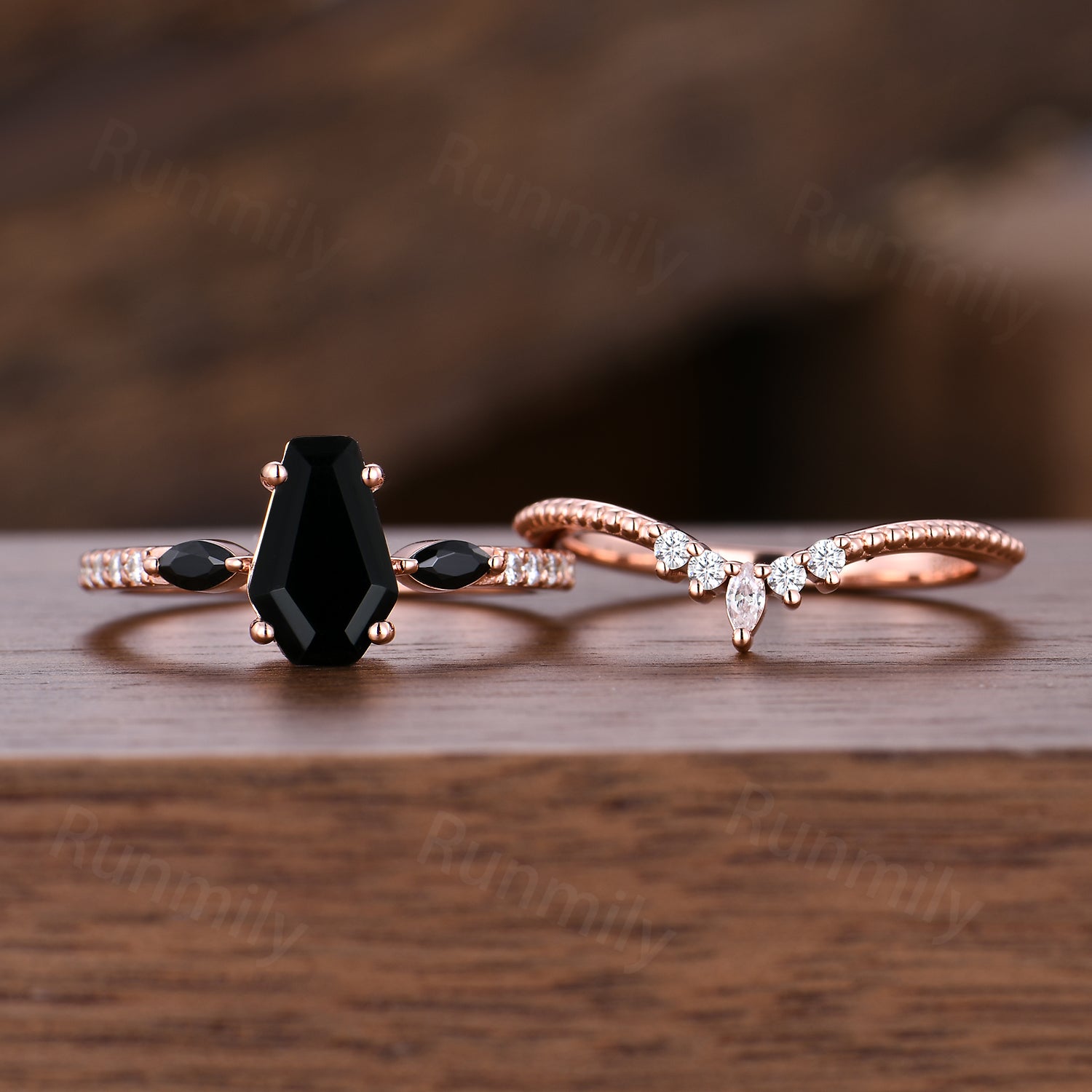 Gothic Coffin Shaped Black Onyx Wedding Ring Set Unique Moissanite Curved Band Black Gem Engagement Promise Ring