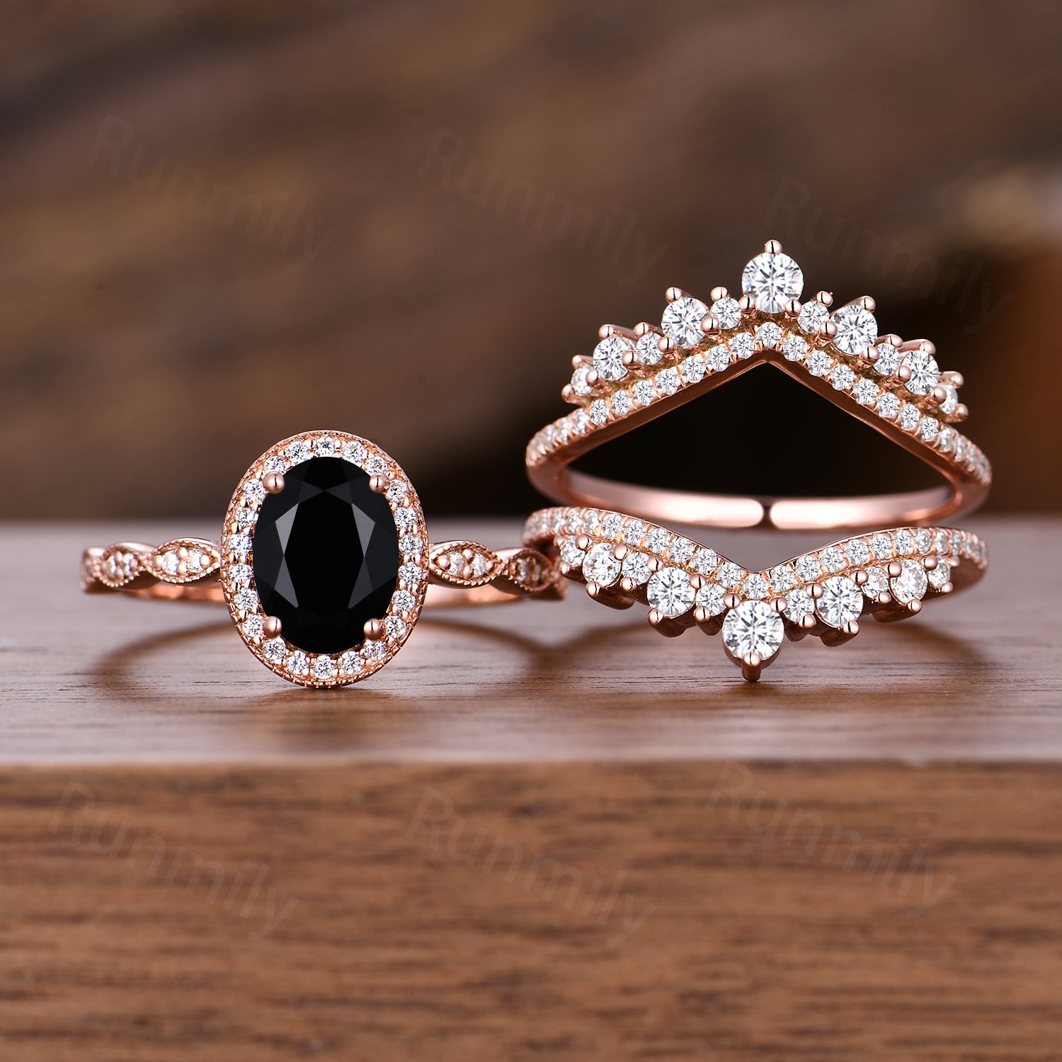 Vintage Black onyx engagement ring Set Unique rose gold Cluster moissanite ring Double curved wedding band Bridal Promise ring gift