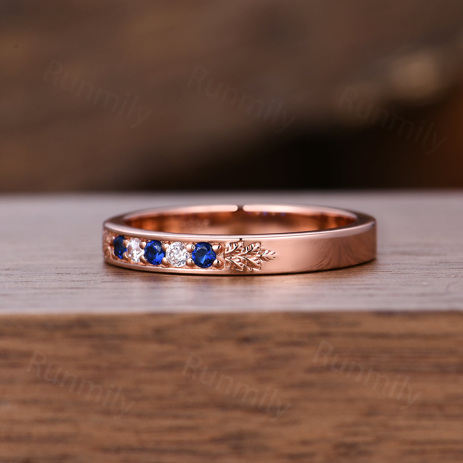 Vintage Blue Sapphire Rose Gold Leaf Moissanite Band: Sterling Silver Wedding Ring
