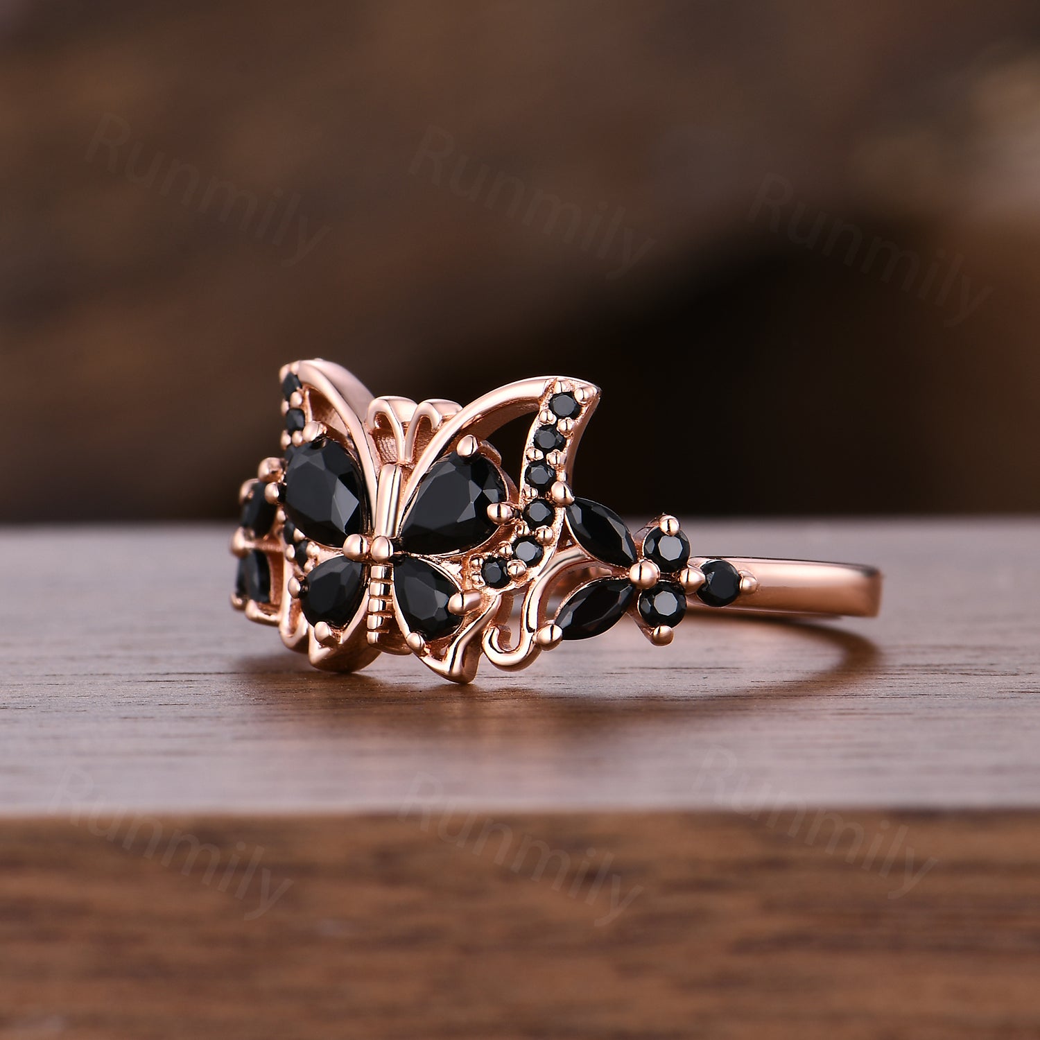 Butterfly Black Onyx Engagement Ring Pear Shaped Cluster Women Wedding Ring Anniversary Gift