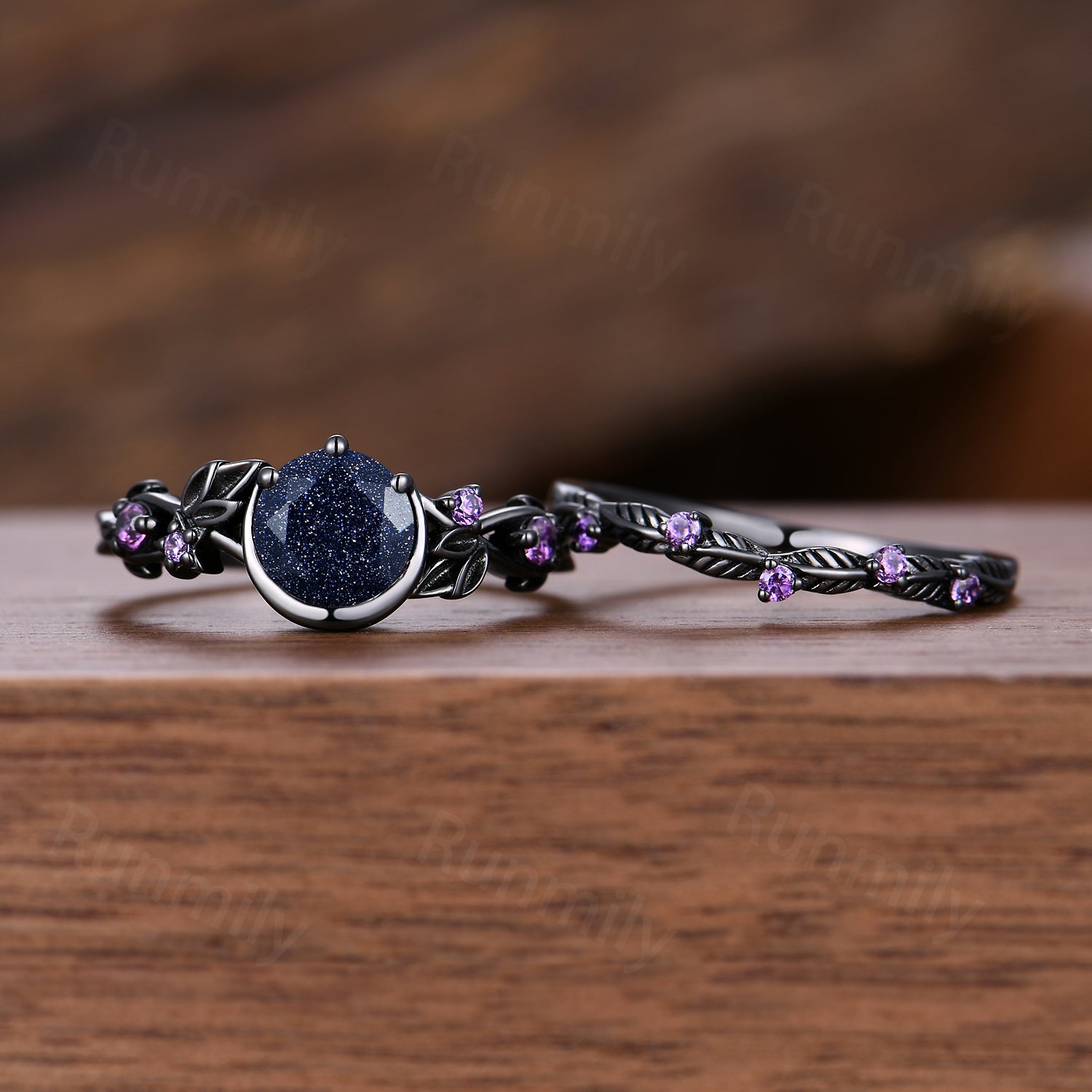 1CT Nature Inspired Round Galaxy Blue Sandstone Amethyst Bridal Set Unique Branch Leaf Starry Night Black Gold Wedding Ring Set